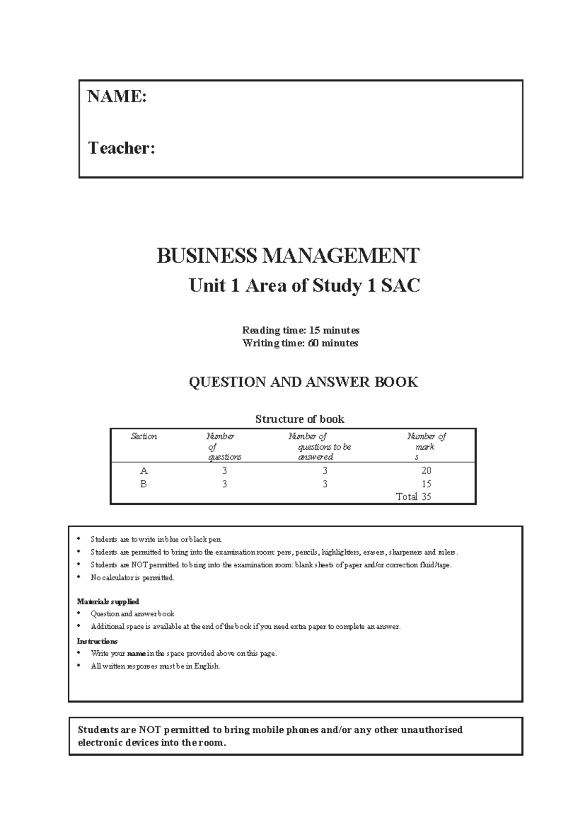 Prac SAC Business Management Unit 1 AOS 1 2026 Exam Guide - Studocu
