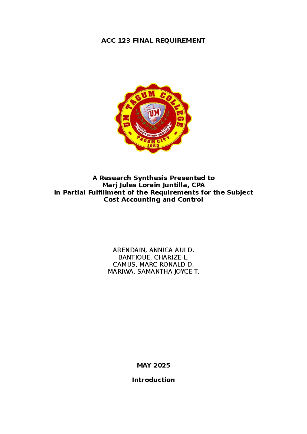 ACC 123 FINAL RESEARCH SYNTHESIS: Job Order vs. Process Costing - Studocu