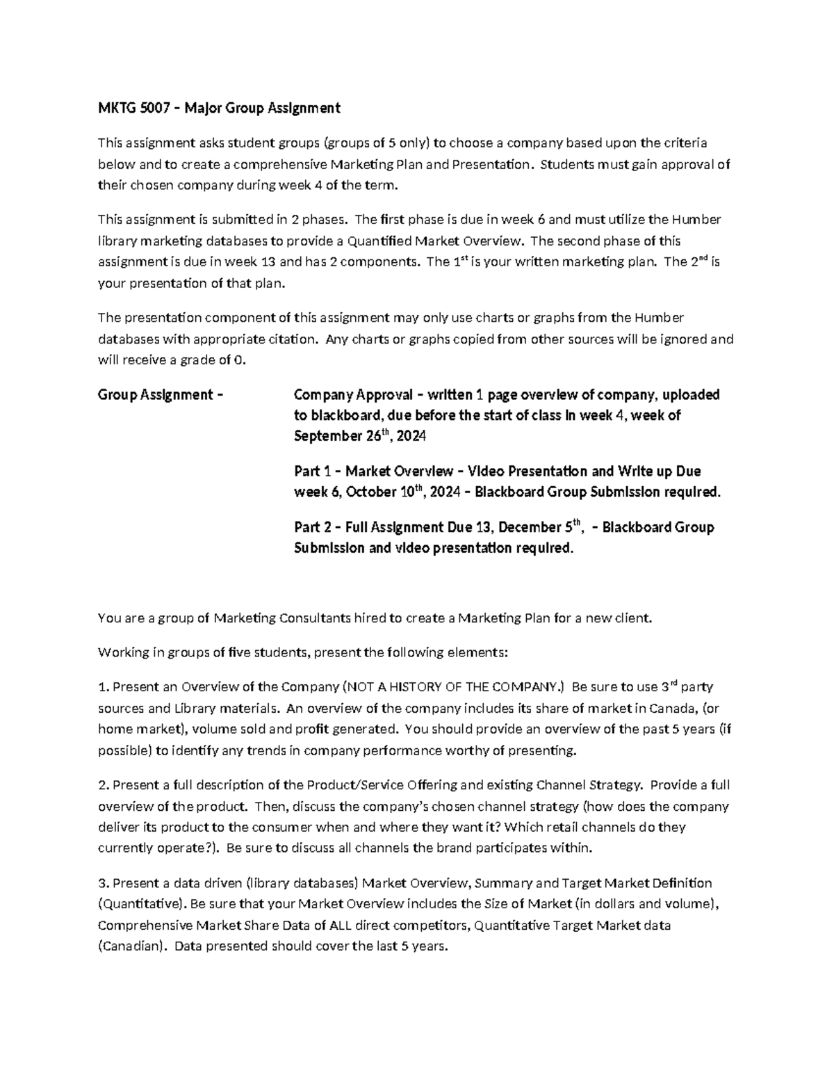MKTG5007 Major Group Assignment F2024 - Marketing Plan Overview - Studocu