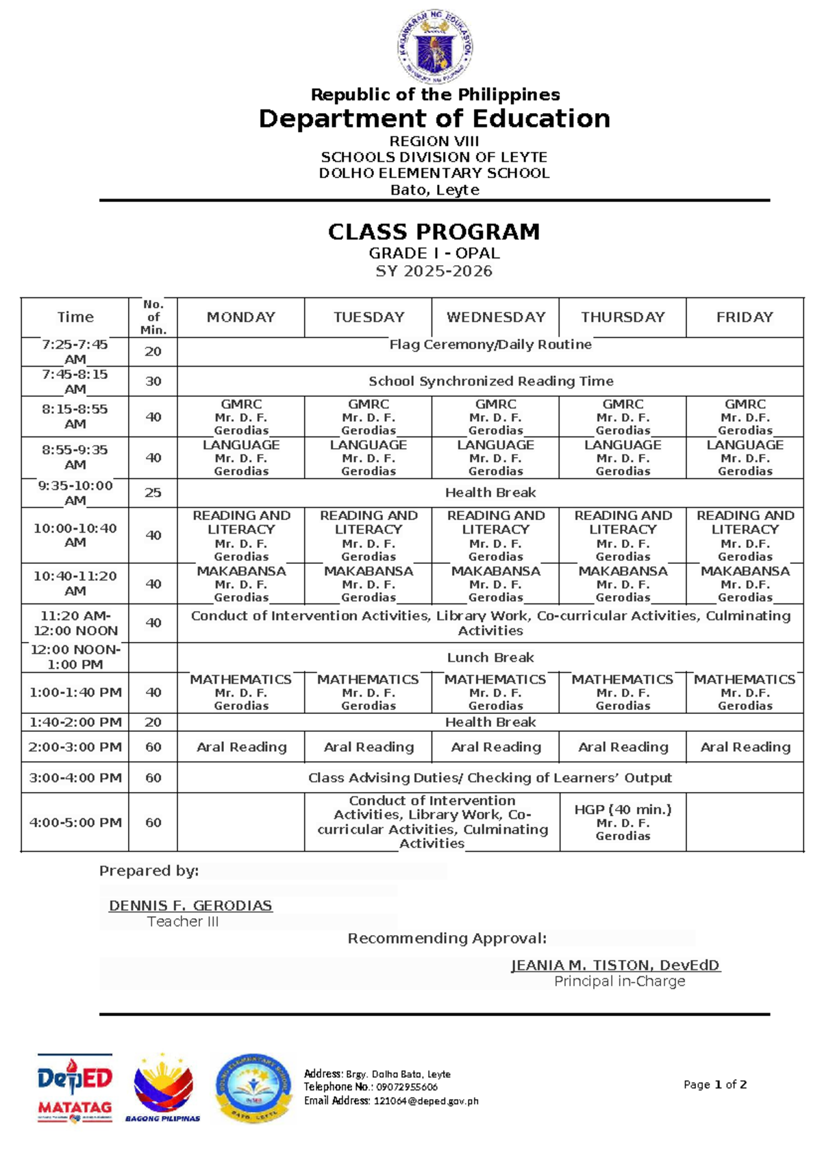 Grade I Opal Class Program SY 2023-2024 - Dolho Elementary School - Studocu