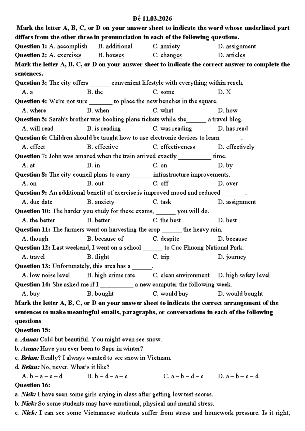 Đề 11 - Practice: Pronunciation & Sentence Completion Exercises - Studocu