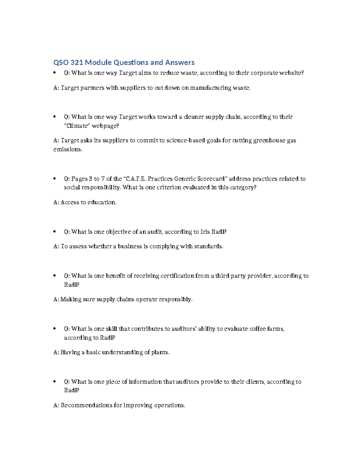 QSO 321 Module Q&A on Sustainability Practices and Business Ethics ...