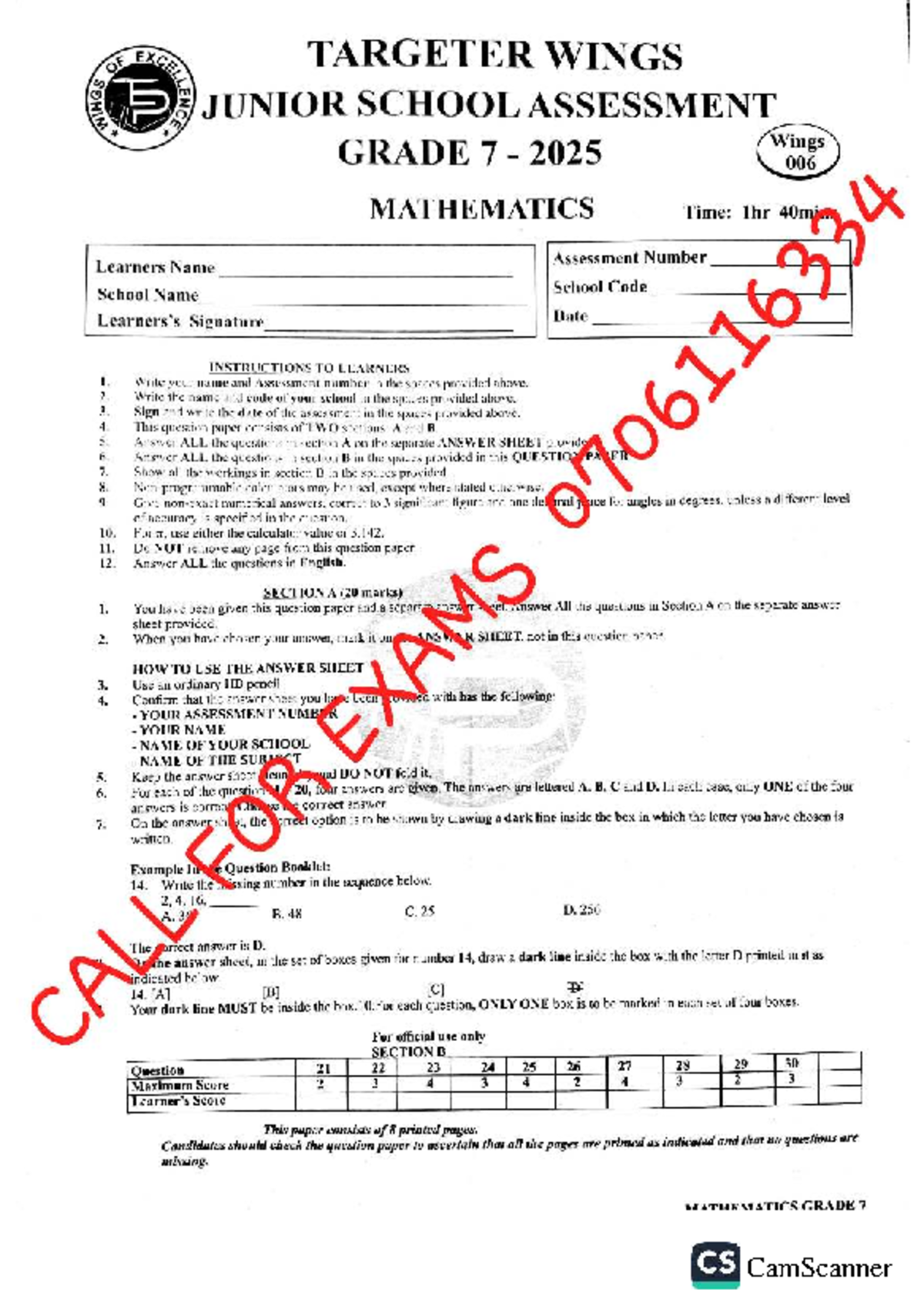 Targeter W Maths G7 006 - Grade 7 Assessment 2025 - Studocu