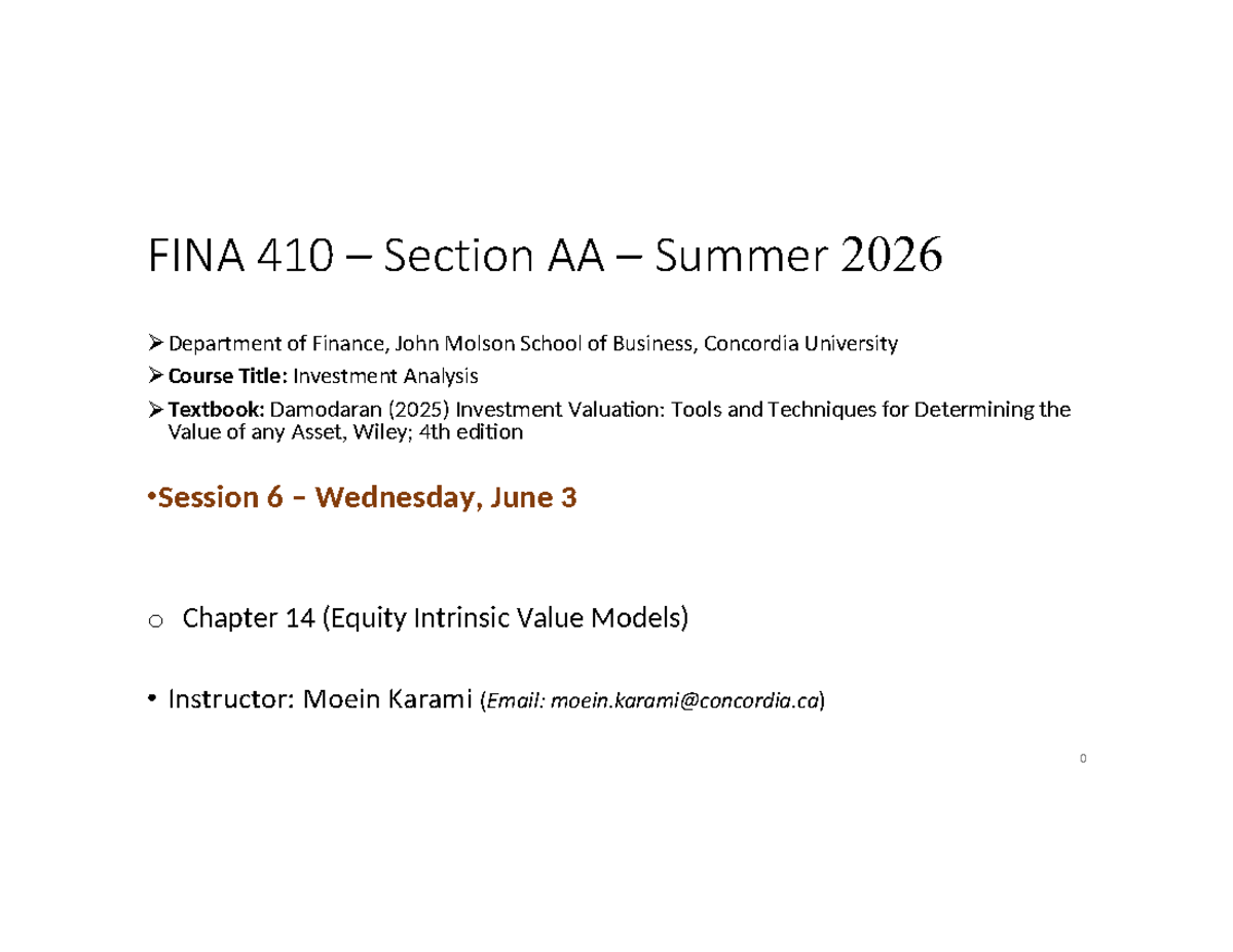 FINA 410 Summer 2026 Lecture Notes: Equity Valuation Models - Studocu