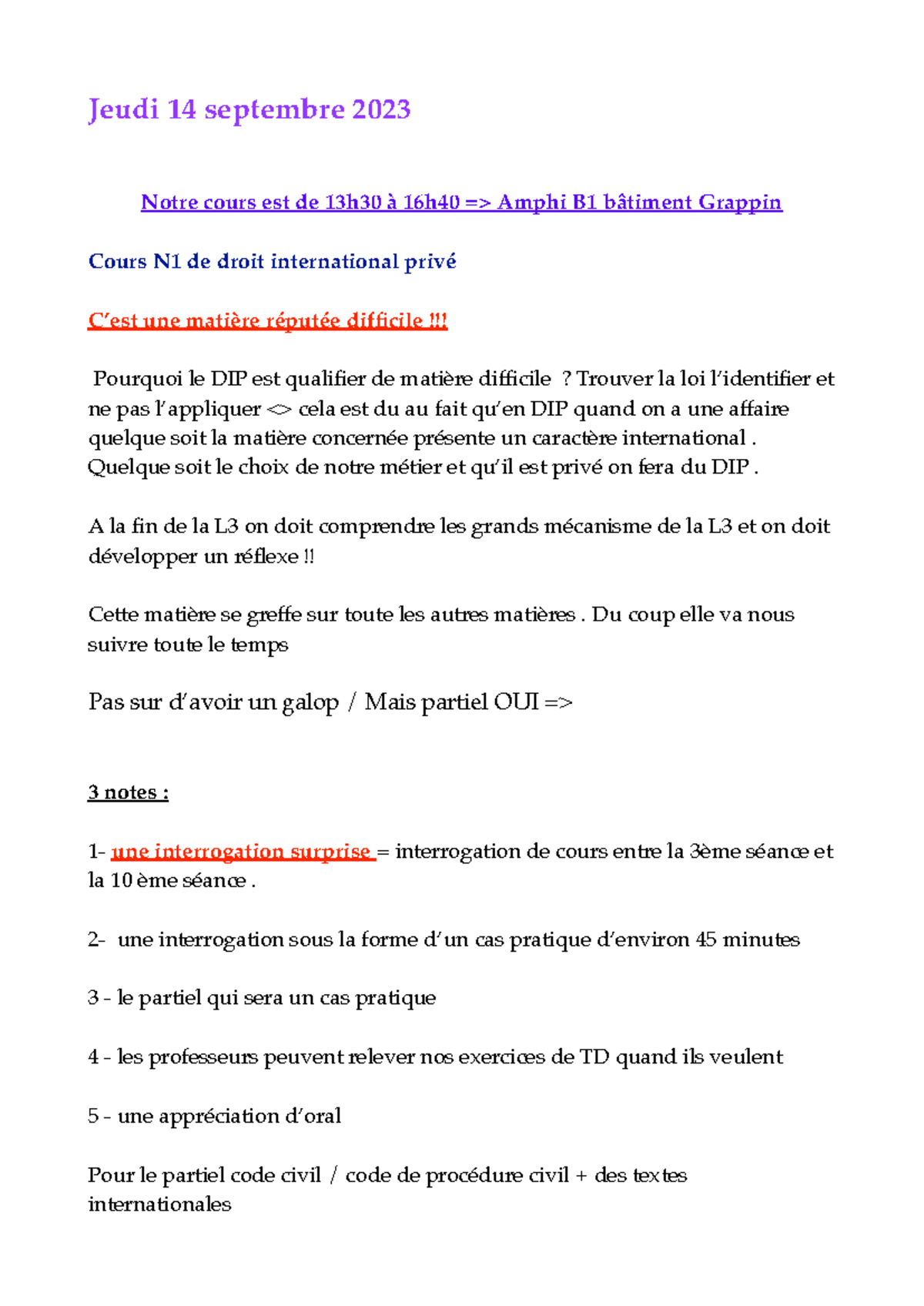 Cours de droit international privé - Jeudi 14 septembre 2023 Notre ...