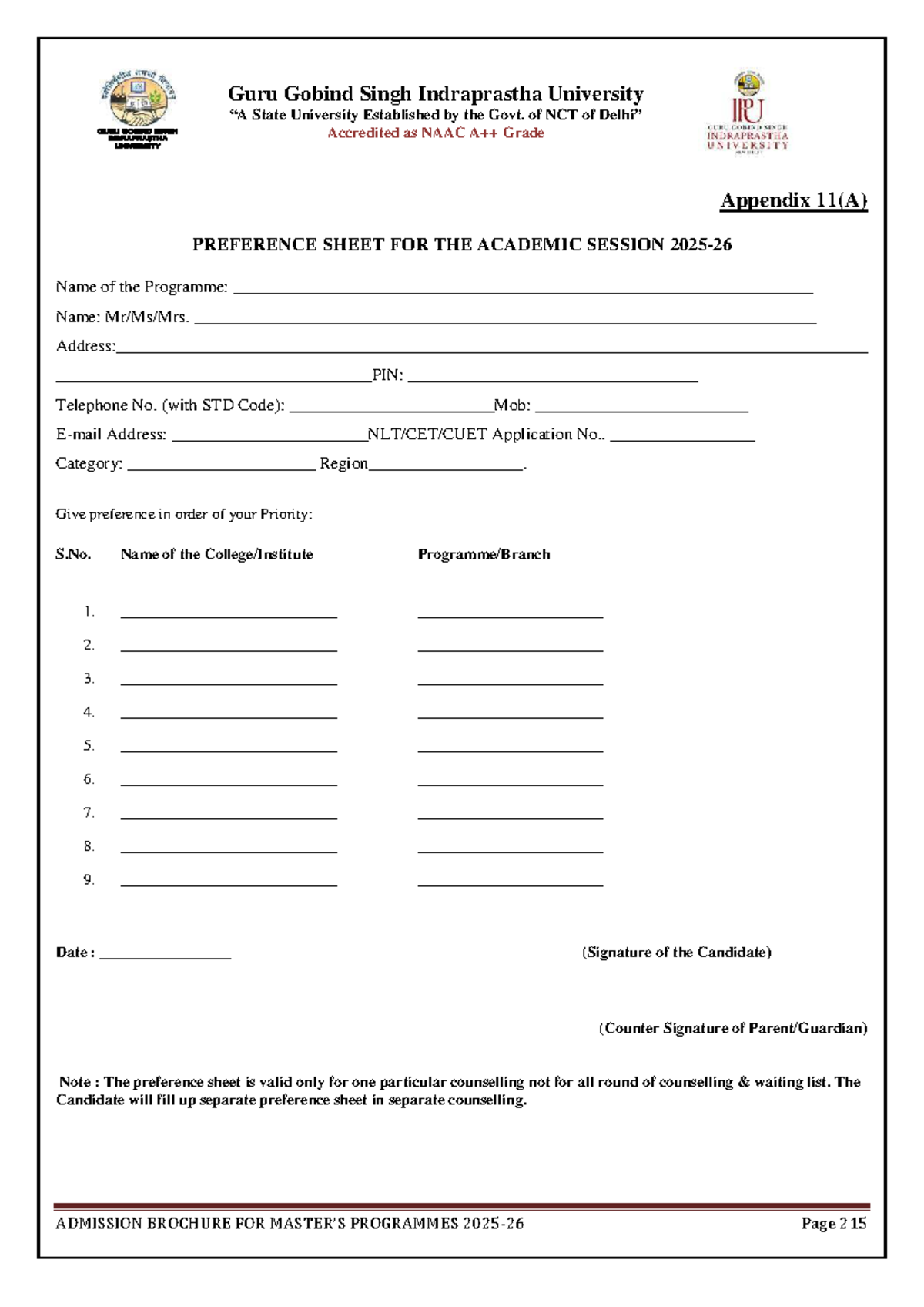 Preference Sheet for Admission - Guru Gobind Singh Indraprastha ...