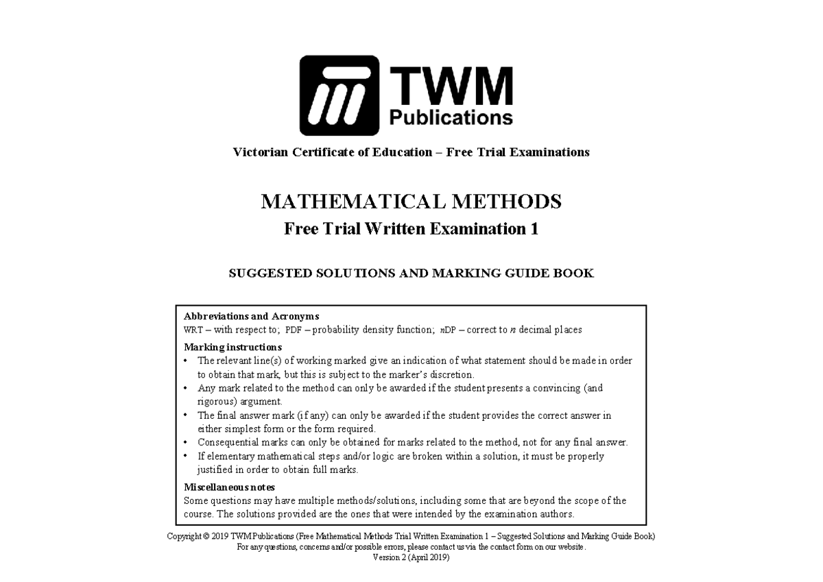 Victorian Certificate of Education Mathematical Methods Free Trial Exam ...