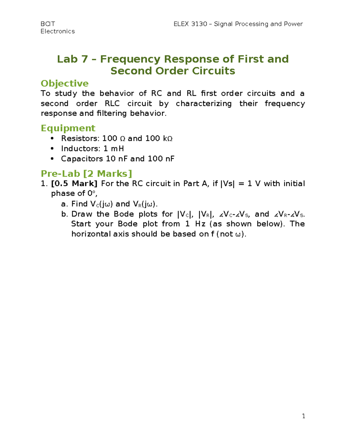 ELEX 3130 - Lab 07: Frequency Response of RC, RL, and RLC Circuits ...