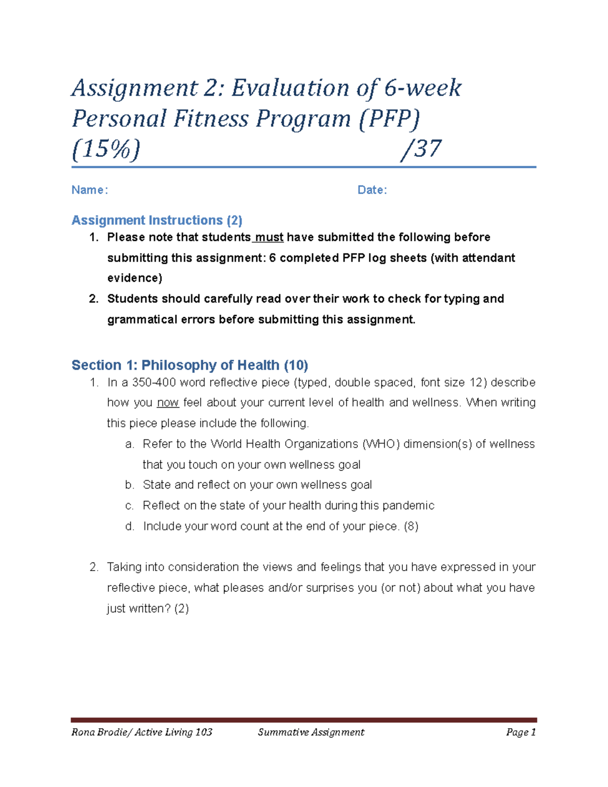Evaluation of Personal Fitness Program (PFP) Assignment 2 F2021 - Studocu