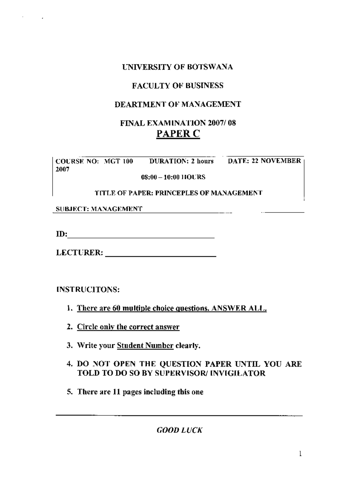 MGT 100 - Final Exam Review Notes on Principles of Management - Studocu