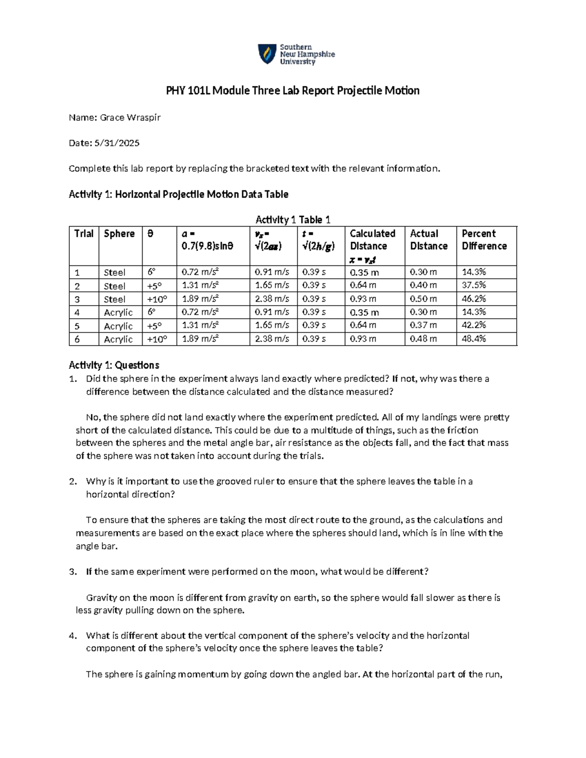 PHY 101L Module 3 Lab Report: Analyzing Projectile Motion Results - Studocu