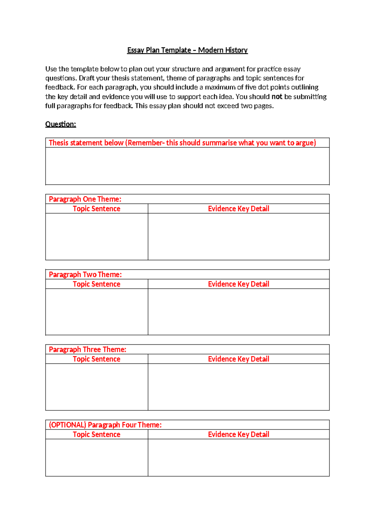 MODERN HIST 101 Essay Plan Template for Structuring Arguments - Studocu