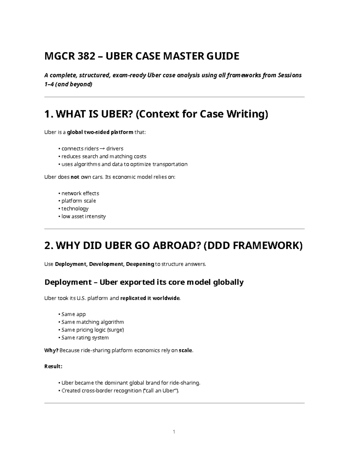 MGCR 382 Uber Case Study Summary: Comprehensive Analysis Guide - Studocu