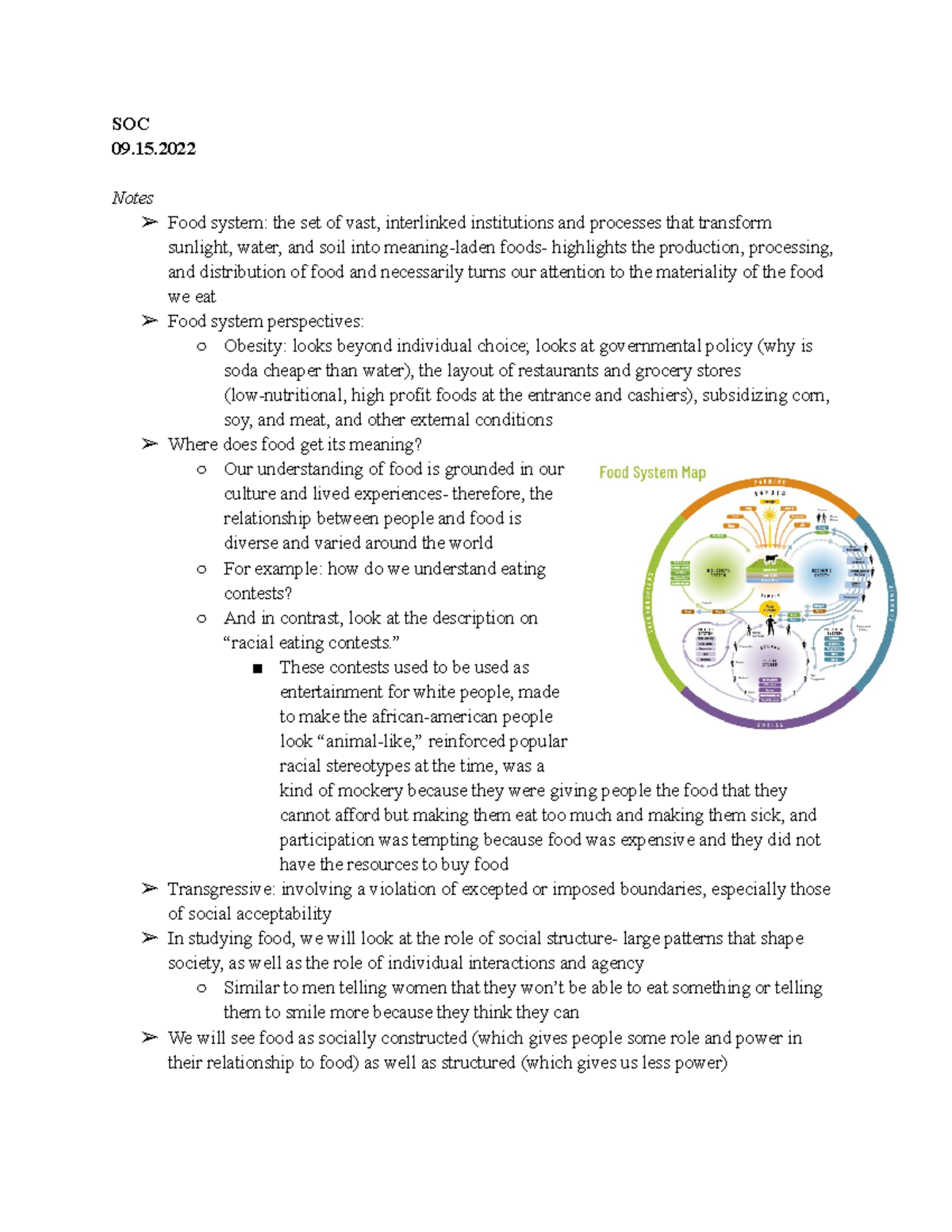 09.15.2022 Notes - SOC 09. Notes Food system: the set of vast ...