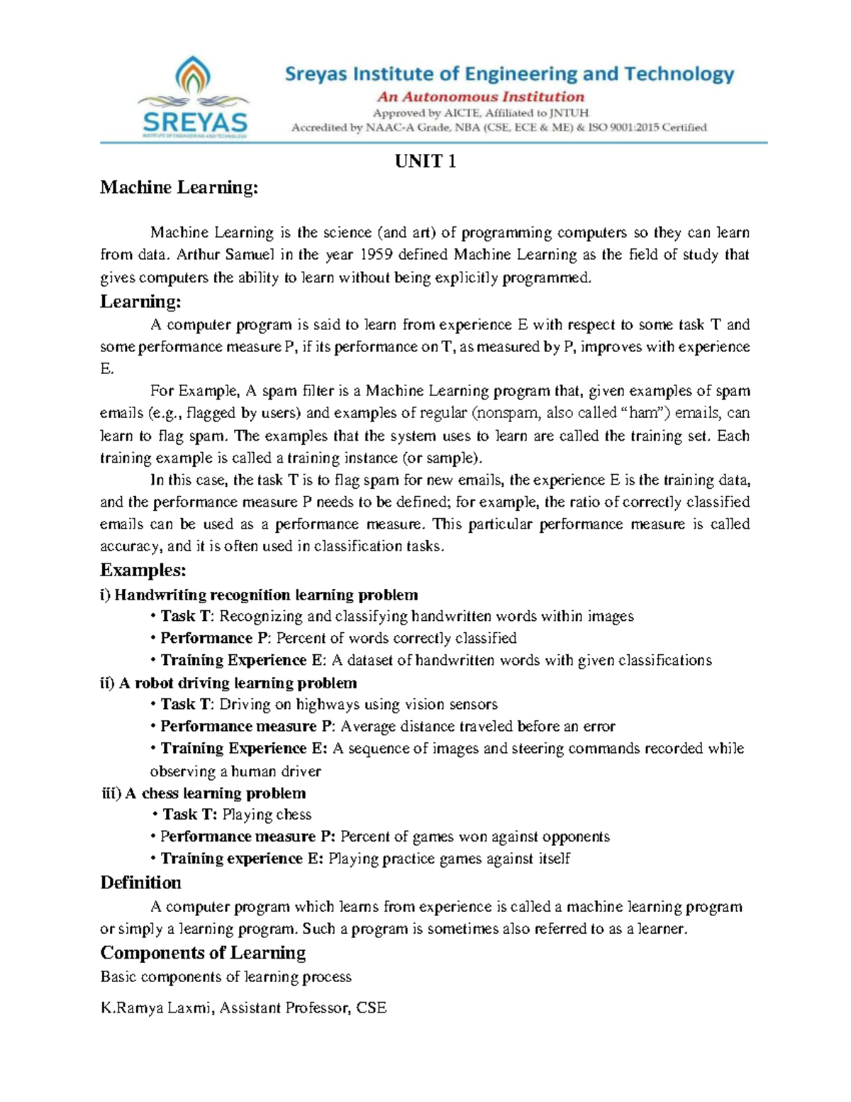 ML CSE101 Unit 1: Intro to Machine Learning Concepts and Applications ...