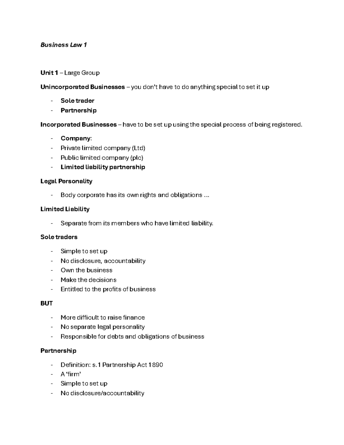Business Law 1 - Lecture Notes on Business Structures and Partnerships ...