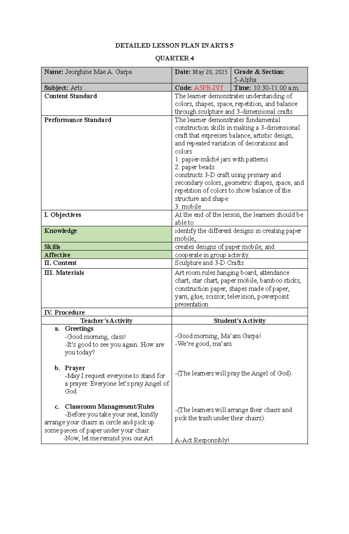 Arts 5 Q4 - Detailed Lesson Plan on Paper Mobile Creation - Studocu