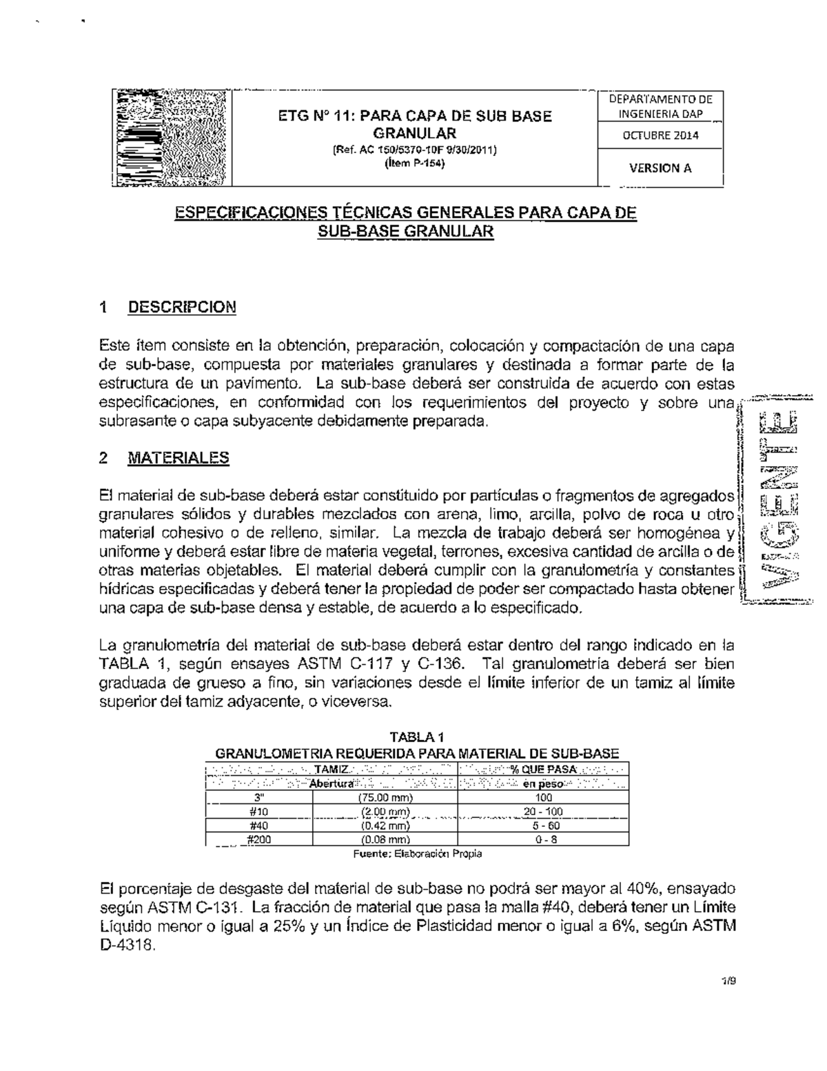 ETG 11: Especificaciones Técnicas para Capa Sub Base Granular - Studocu