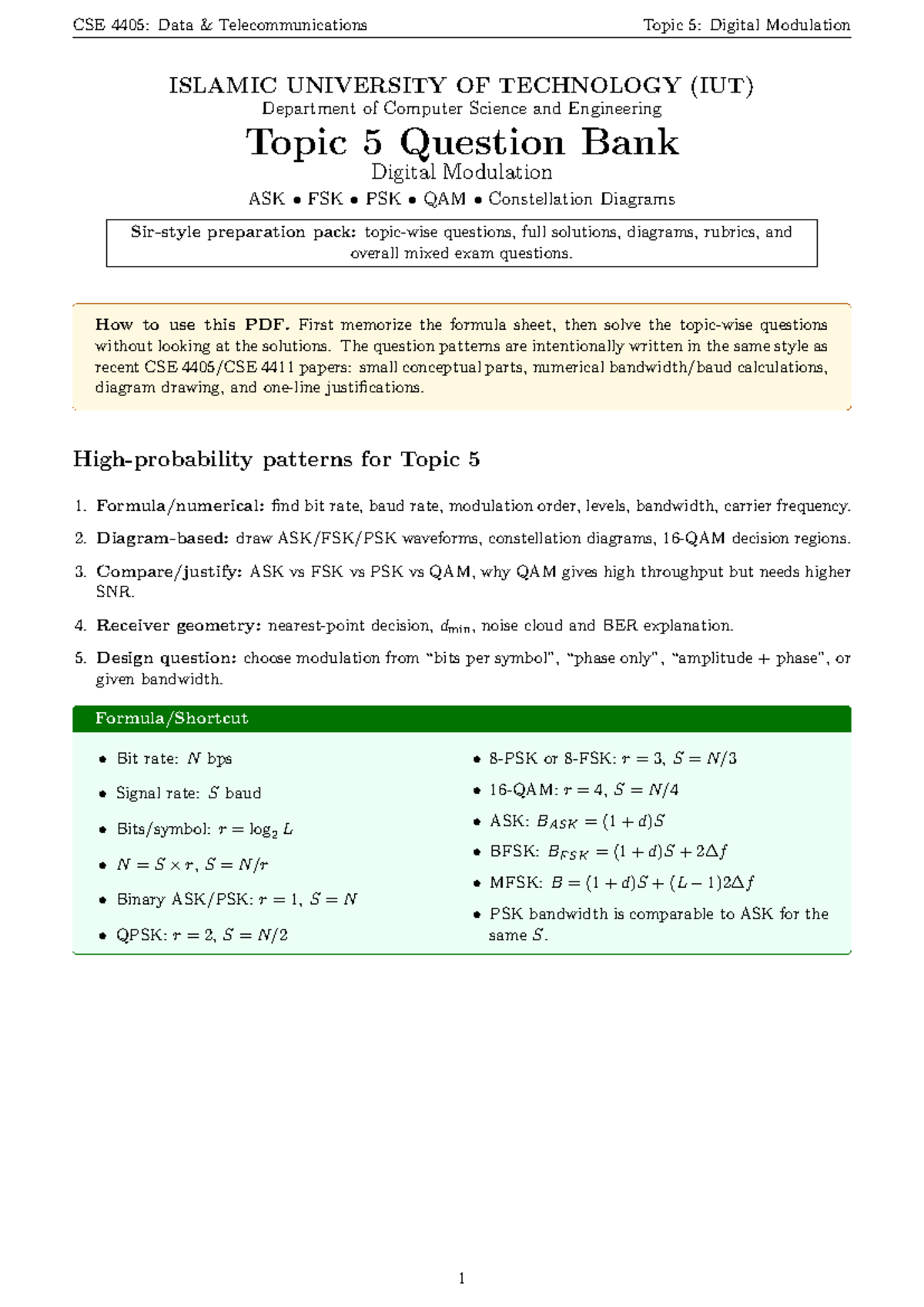 CSE 4405: Data Telecommunications Topic 5 Question Bank on Digital ...