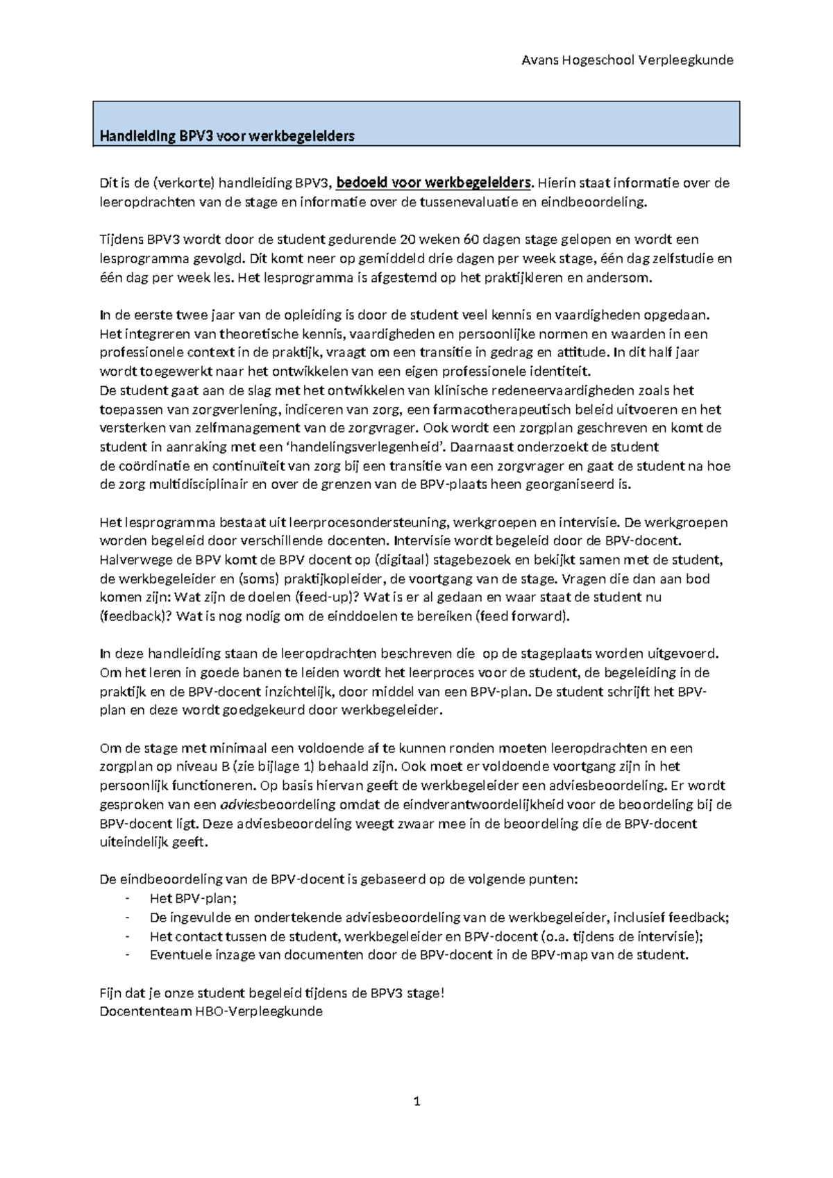 Avans Hogeschool Verpleegkunde Handleiding BPV3 voor Werkbegeleiders ...
