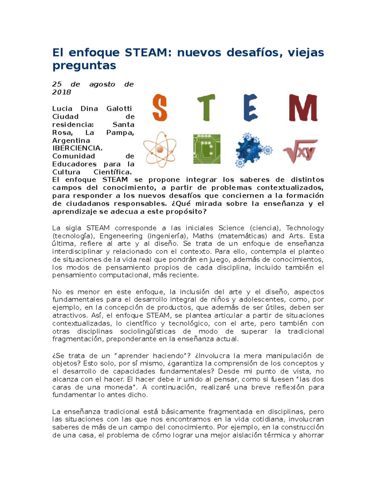 Reflexión sobre el Enfoque STEAM en la Educación - Tp de Lucia Galotti ...
