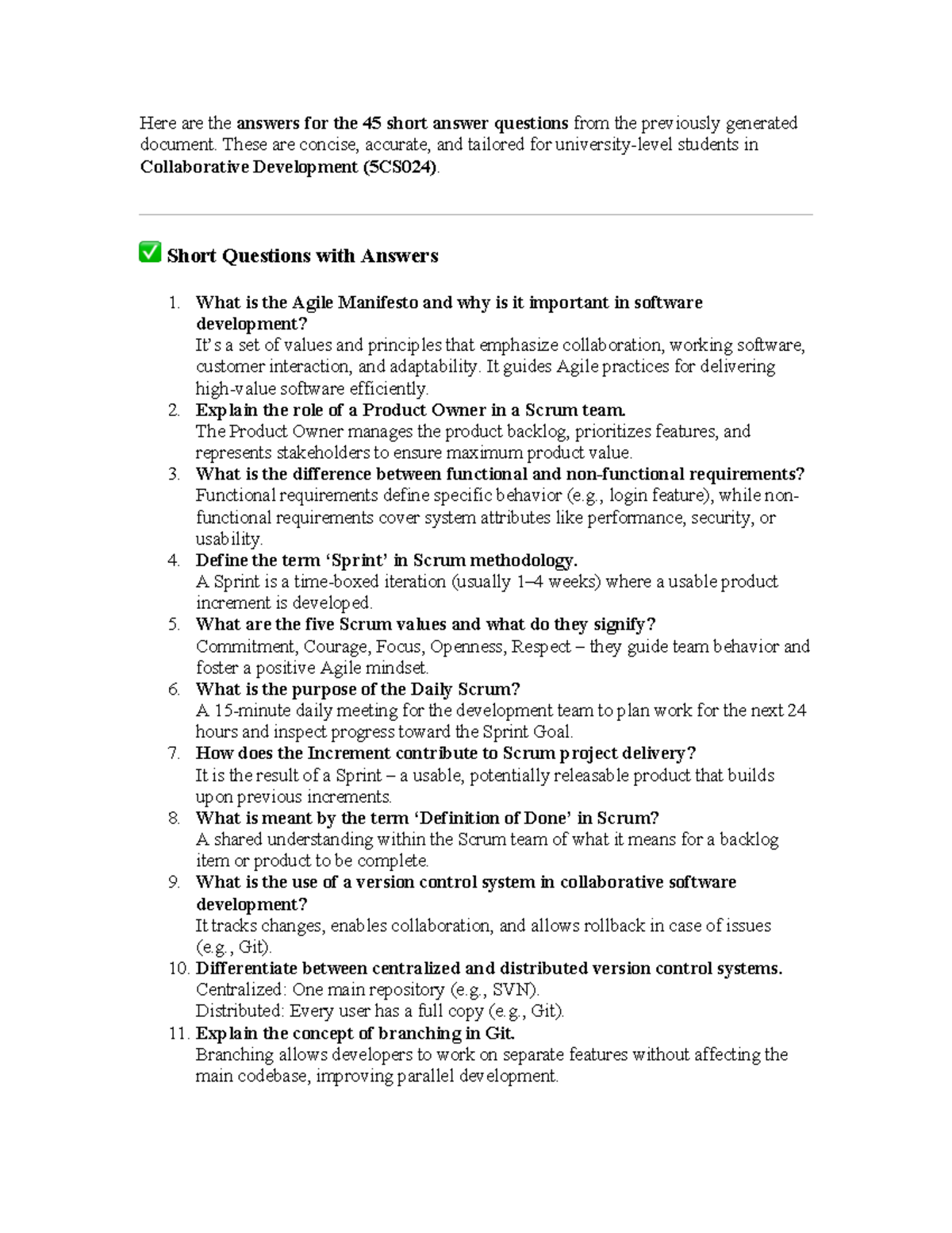Collaborative Development (5CS024) short answer questions with answers ...