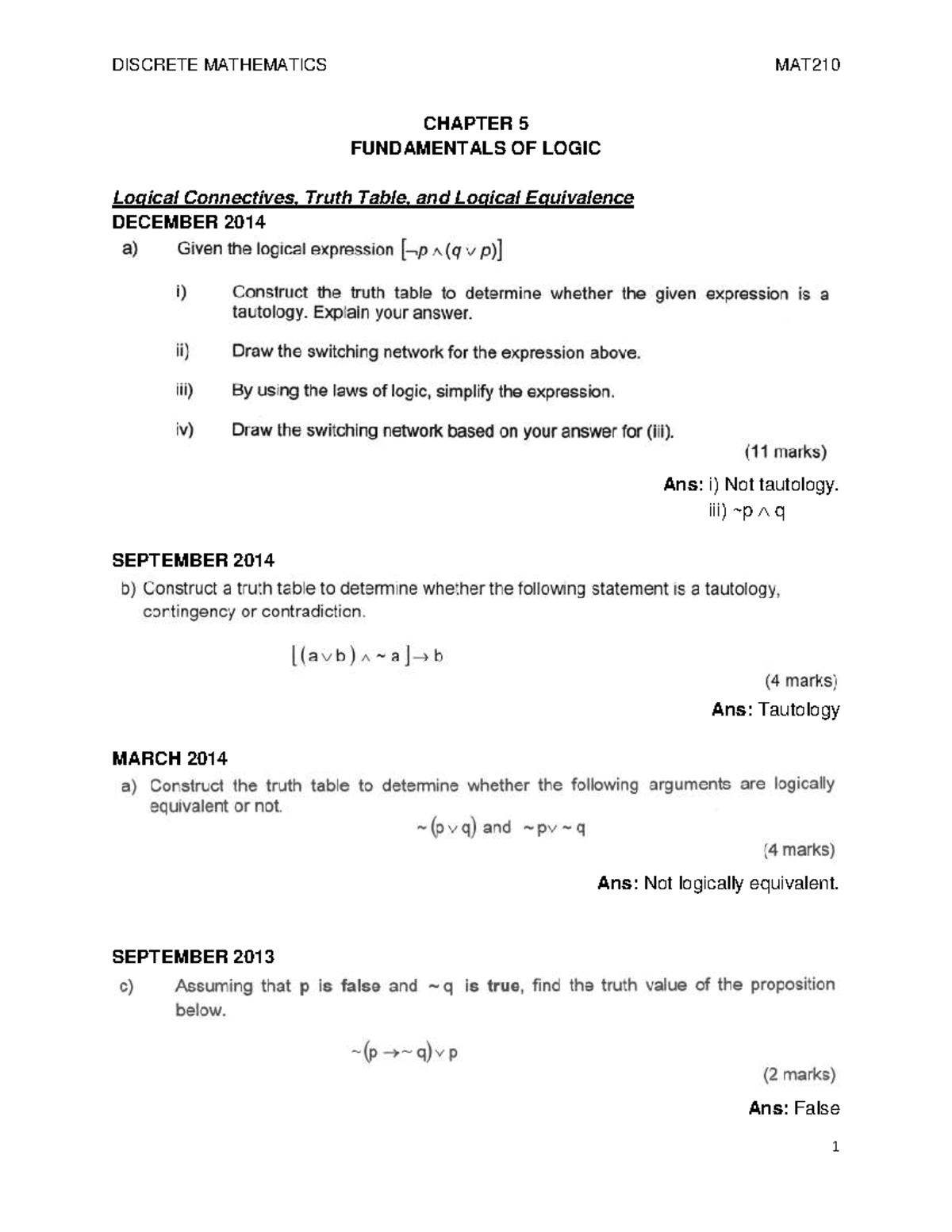 MAT210 DISCRETE MATHEMATICS CHAPTER 5 LOGIC PAST YEAR QUESTIONS - Studocu