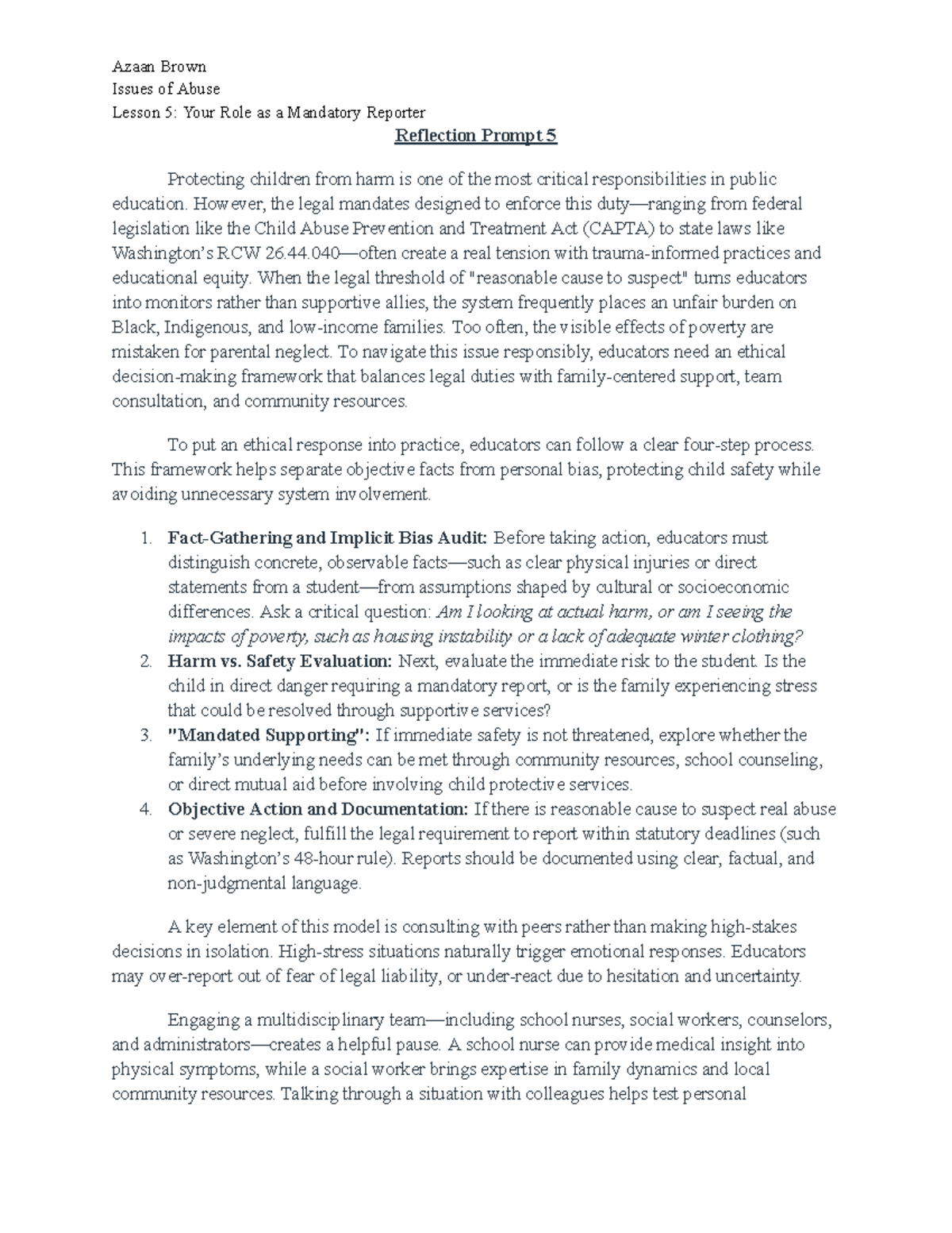 Reflection 5: Issues of Abuse in Mandatory Reporting (EDU 101) - Studocu