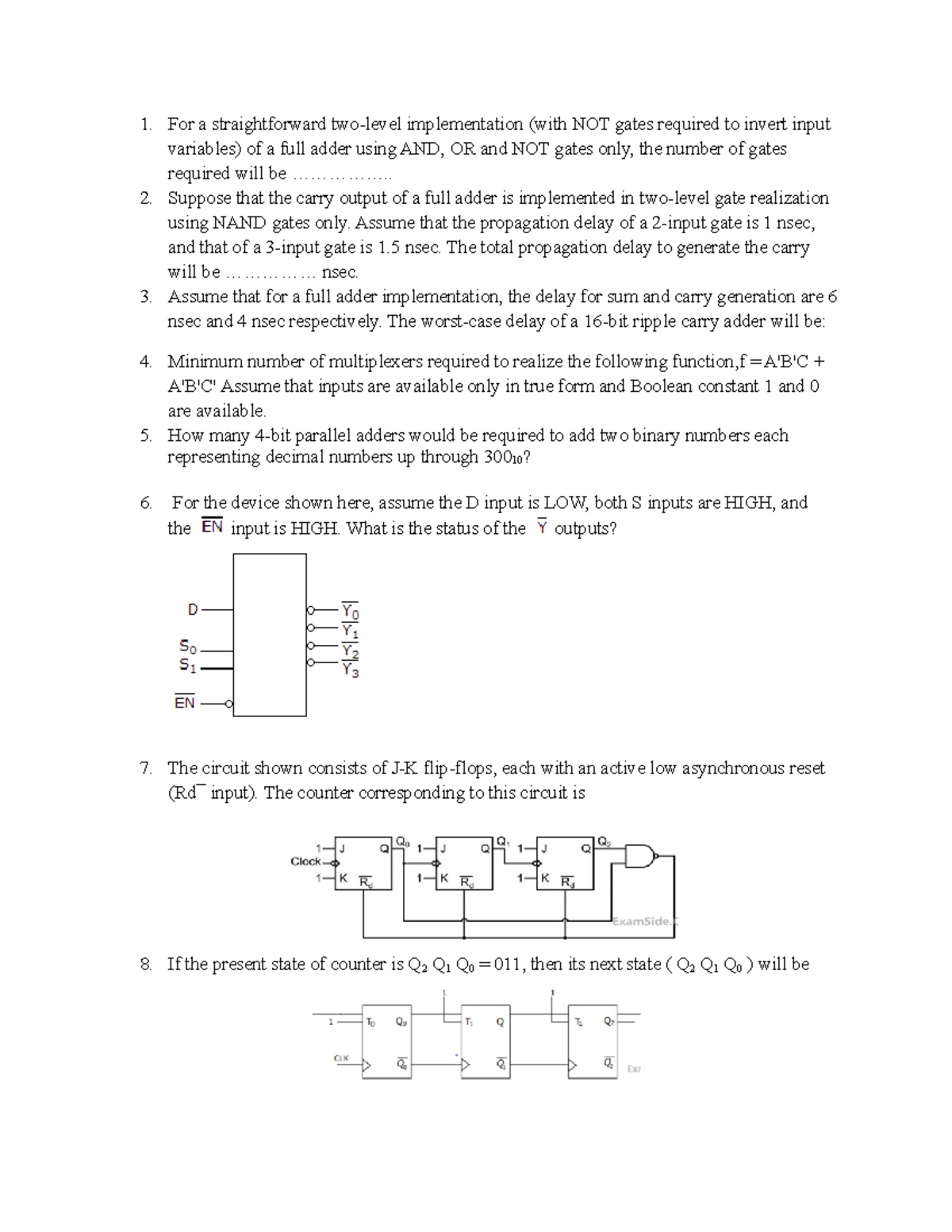 Digital Electronics Problems: Adders & Mux - Practice Q&A (DE101) - Studocu