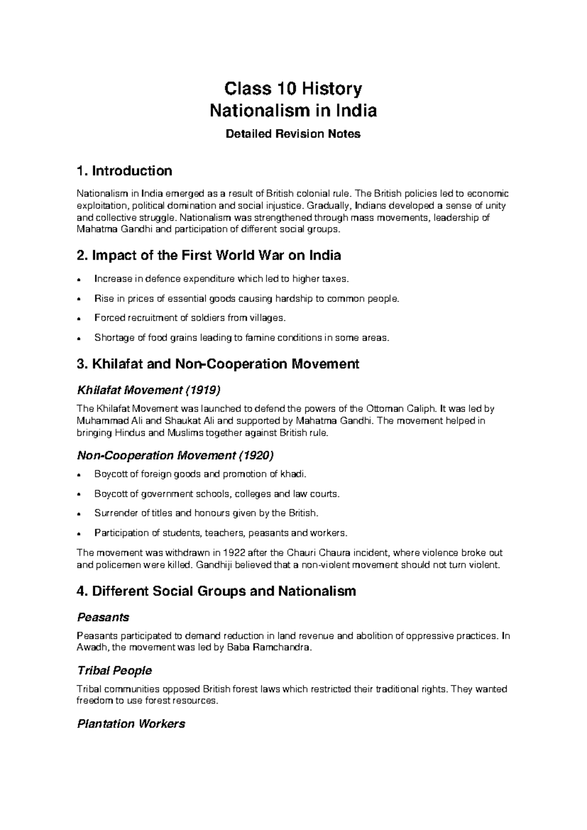 Class 10 History: Nationalism in India Revision Notes - Studocu