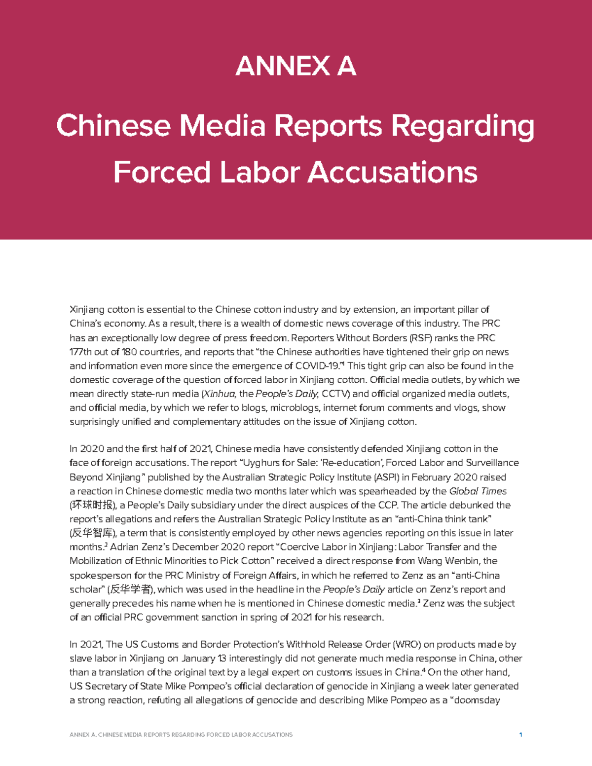 ANNEX A: Chinese Media Coverage on Forced Labor Accusations in Xinjiang ...