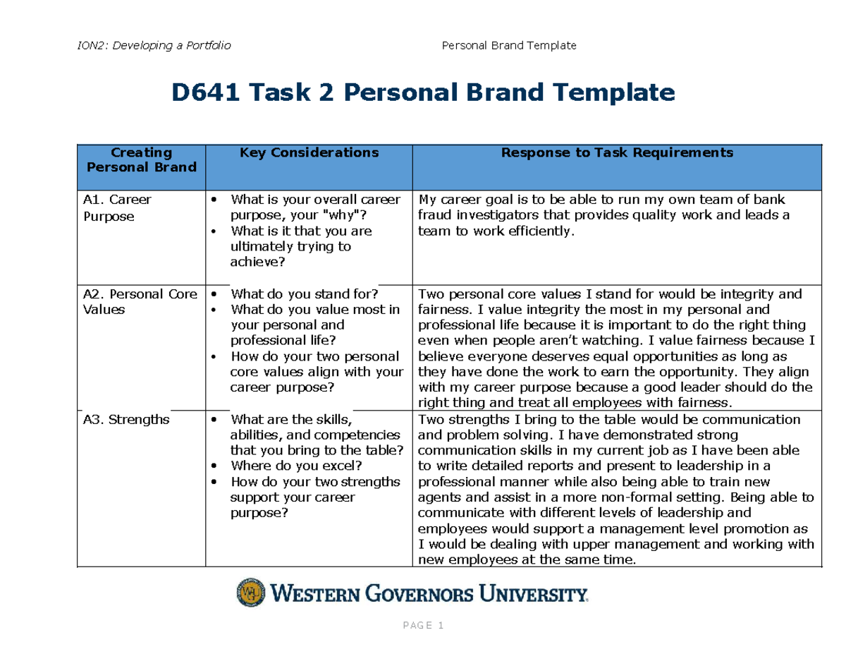 D641: Personal Brand Template & Key Considerations for Career Success ...