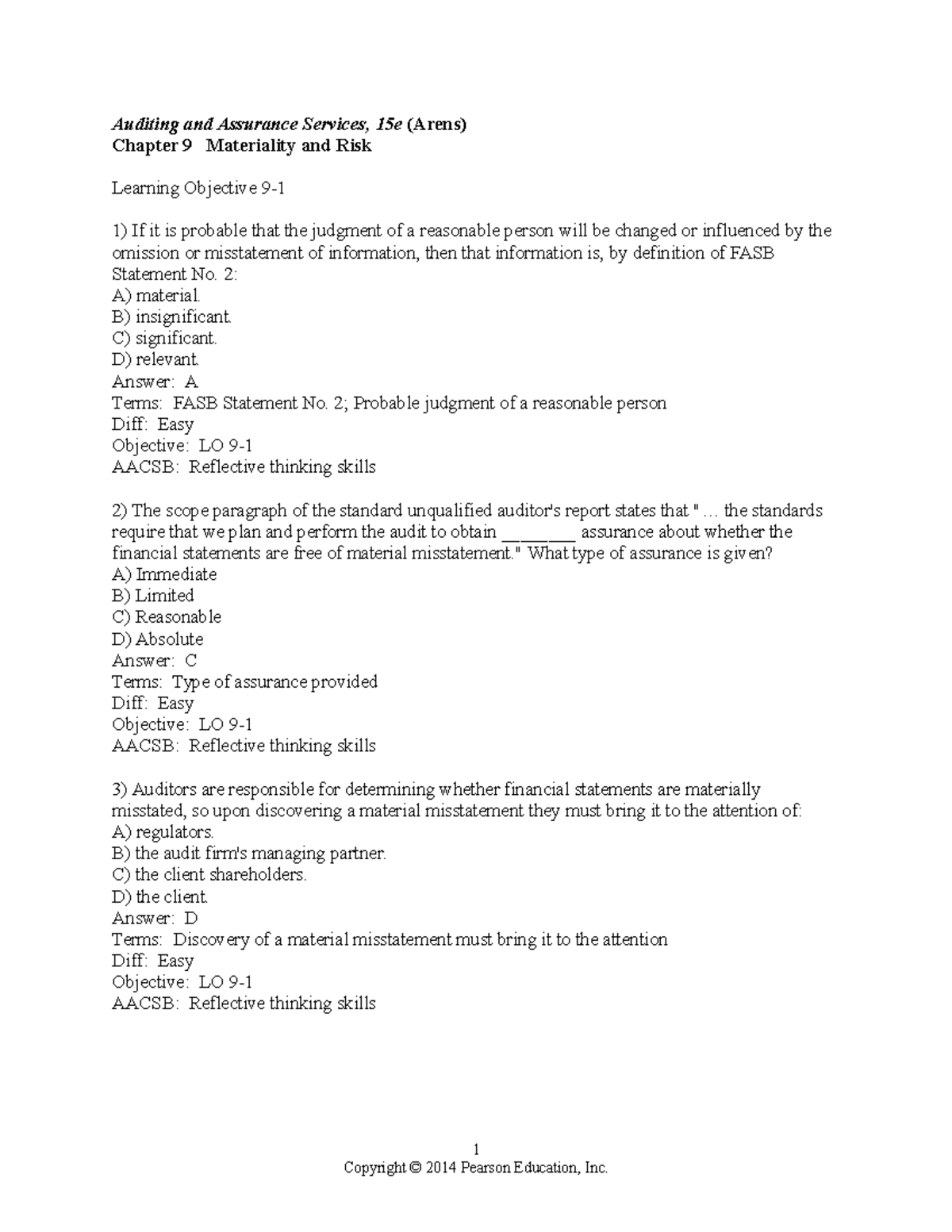 Auditing and Assurance Services, 15e (Arens) Chapter 9 Test Bank - Studocu