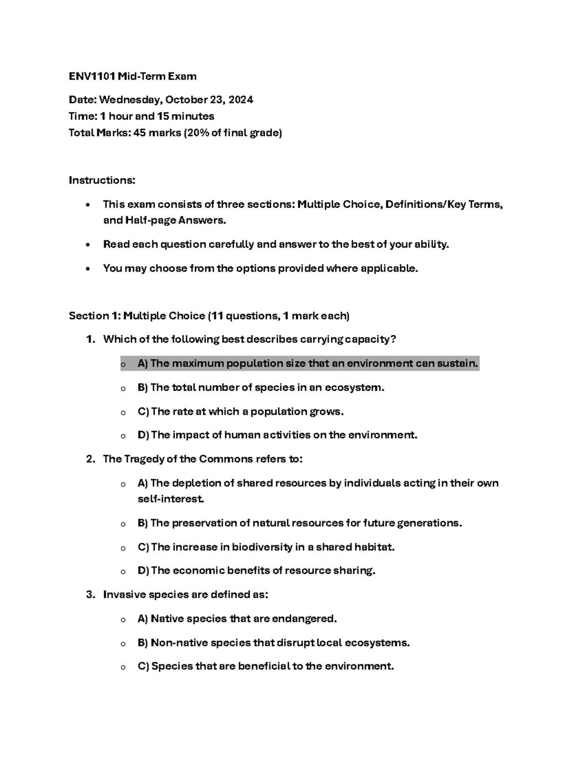 ENV1101 Mid-Term Exam Guide with Key Topics and Instructions - Studocu