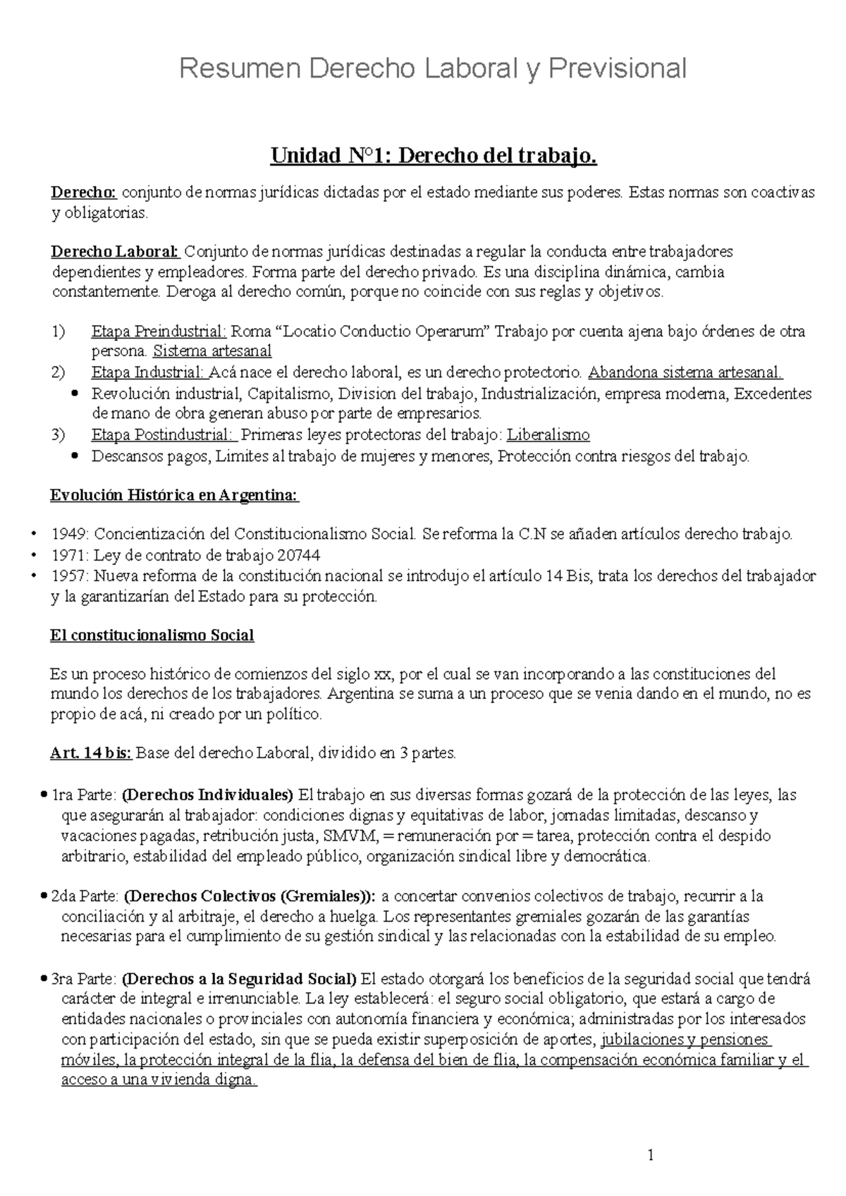 Resumen 1ER Parcial: Derecho Laboral y Previsional (Unidades 1-6) - Studocu