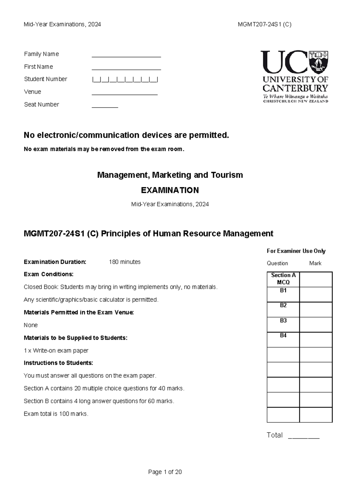 MGMT207 Final Exam 2024: Principles of Human Resource Management - Studocu