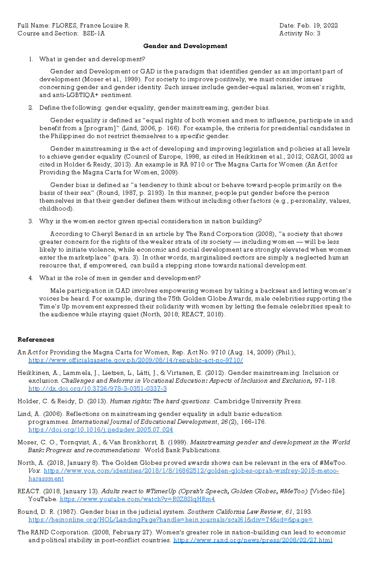 BSE-1A Gender and Development Q&A: Key Concepts & Issues - Studocu