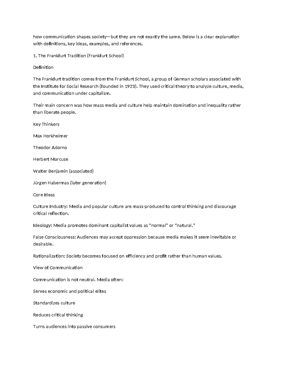 Frankfurt School & Critical Tradition in Communication Theory - Studocu
