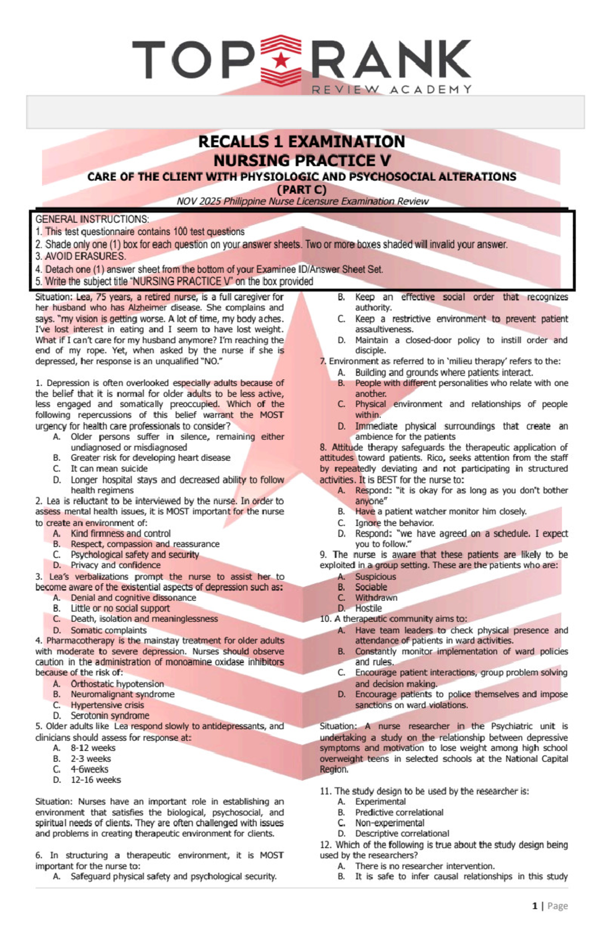 TOP RANK REVIEW ACADEMY RECALLS 1 EXAMINATION NURSING PRACTICE V ...