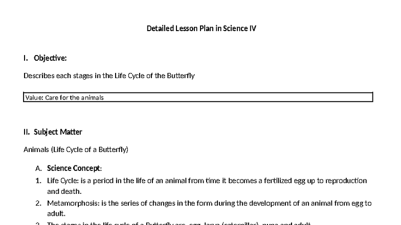 Detailed Lesson Plan: Life Cycle of a Butterfly (Science IV) - Studocu