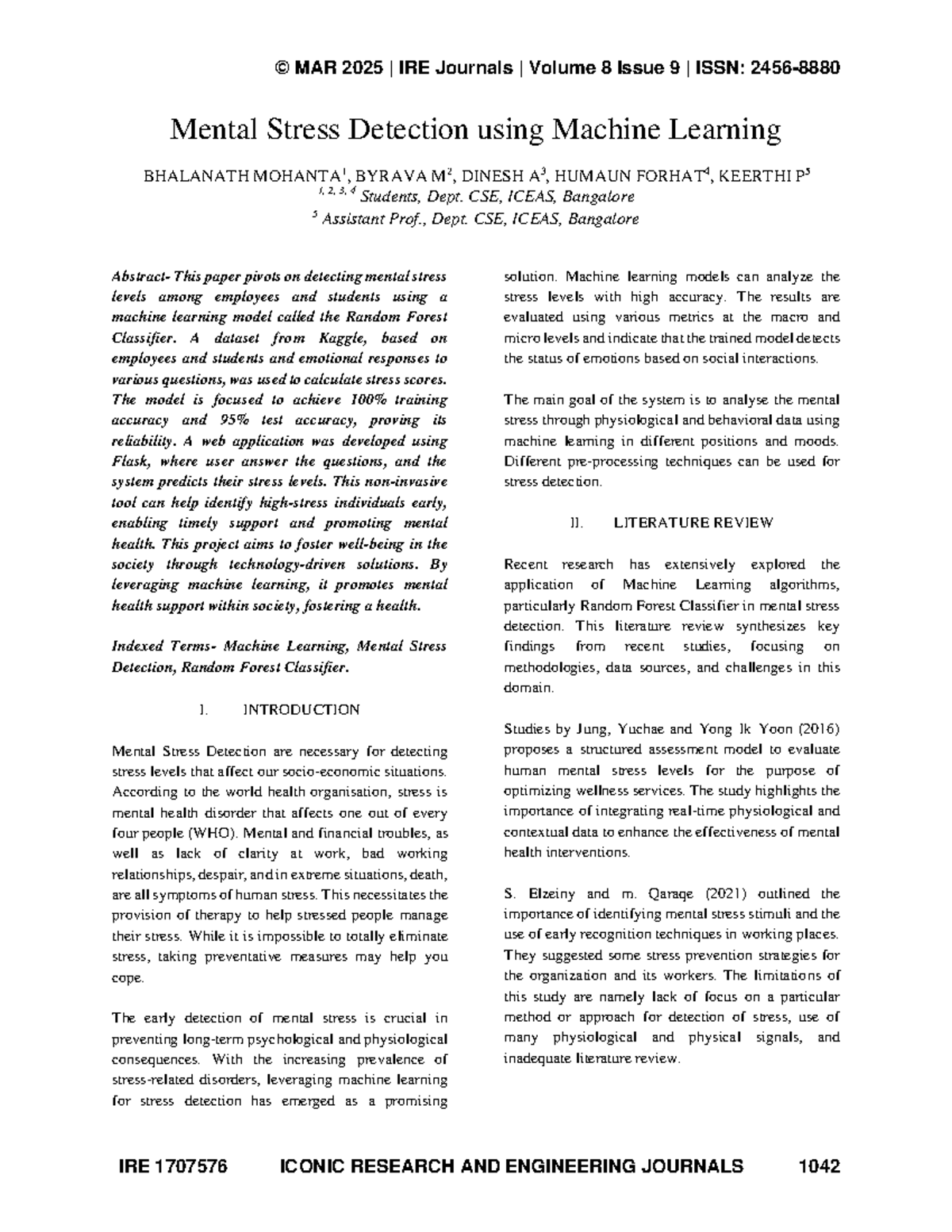 IRE 1707576: Mental Stress Detection via Machine Learning Techniques ...