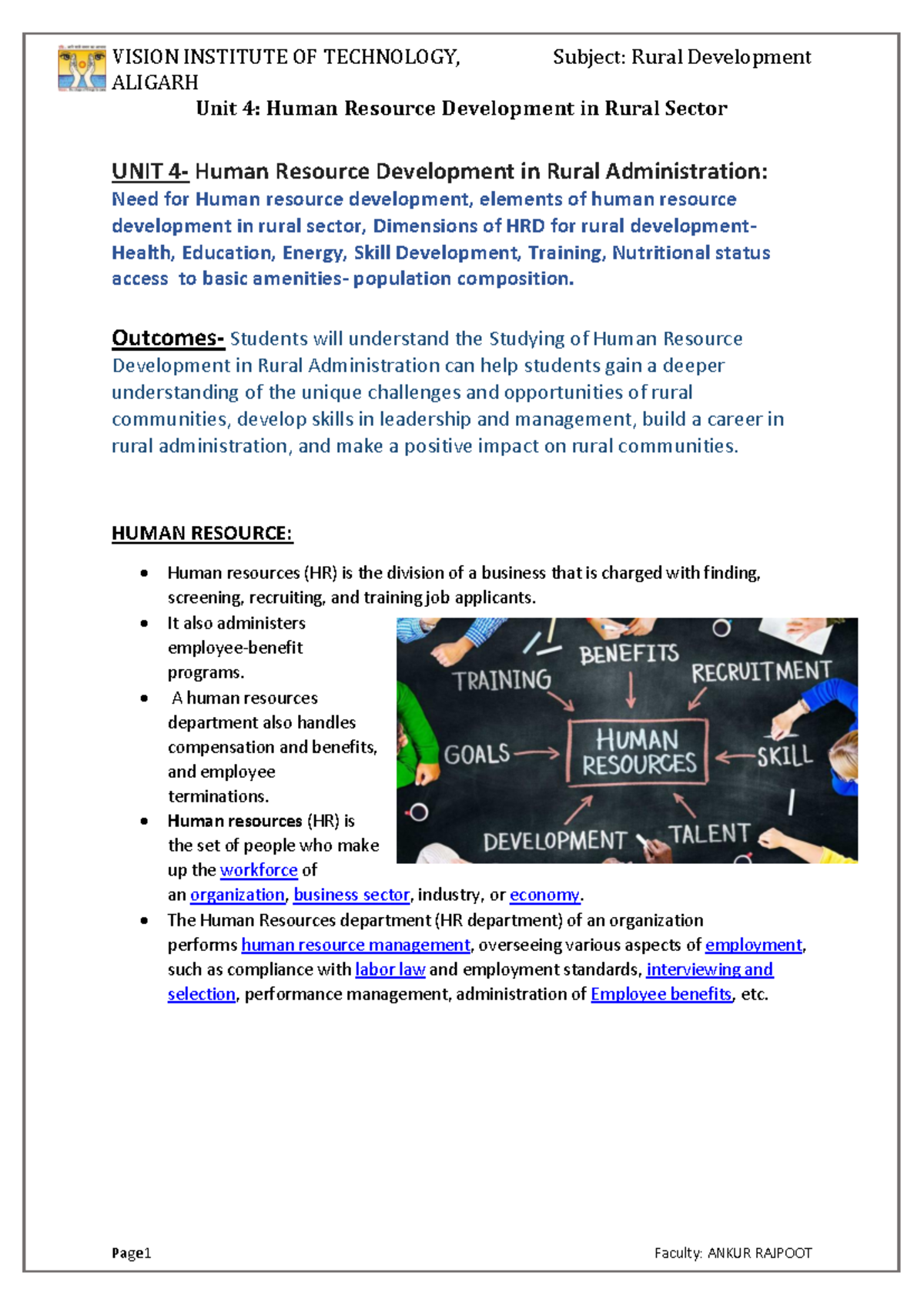 2159-Unit-4 - Rural development - ALIGARH Unit 4: Human Resource ...