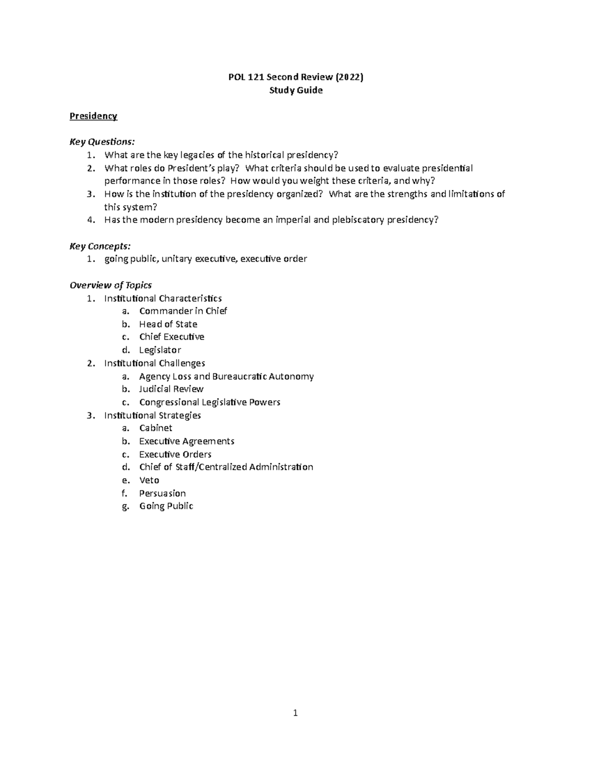 POL 121 Final Exam Study Guide 2022: Key Concepts and Questions - Studocu