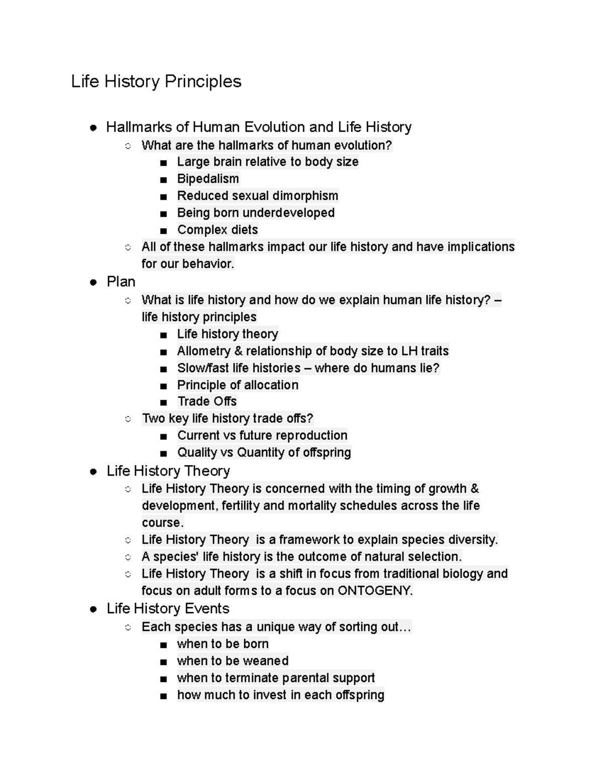 Evolution Human Nature Lecture Notes 5 - Life History Principles ...