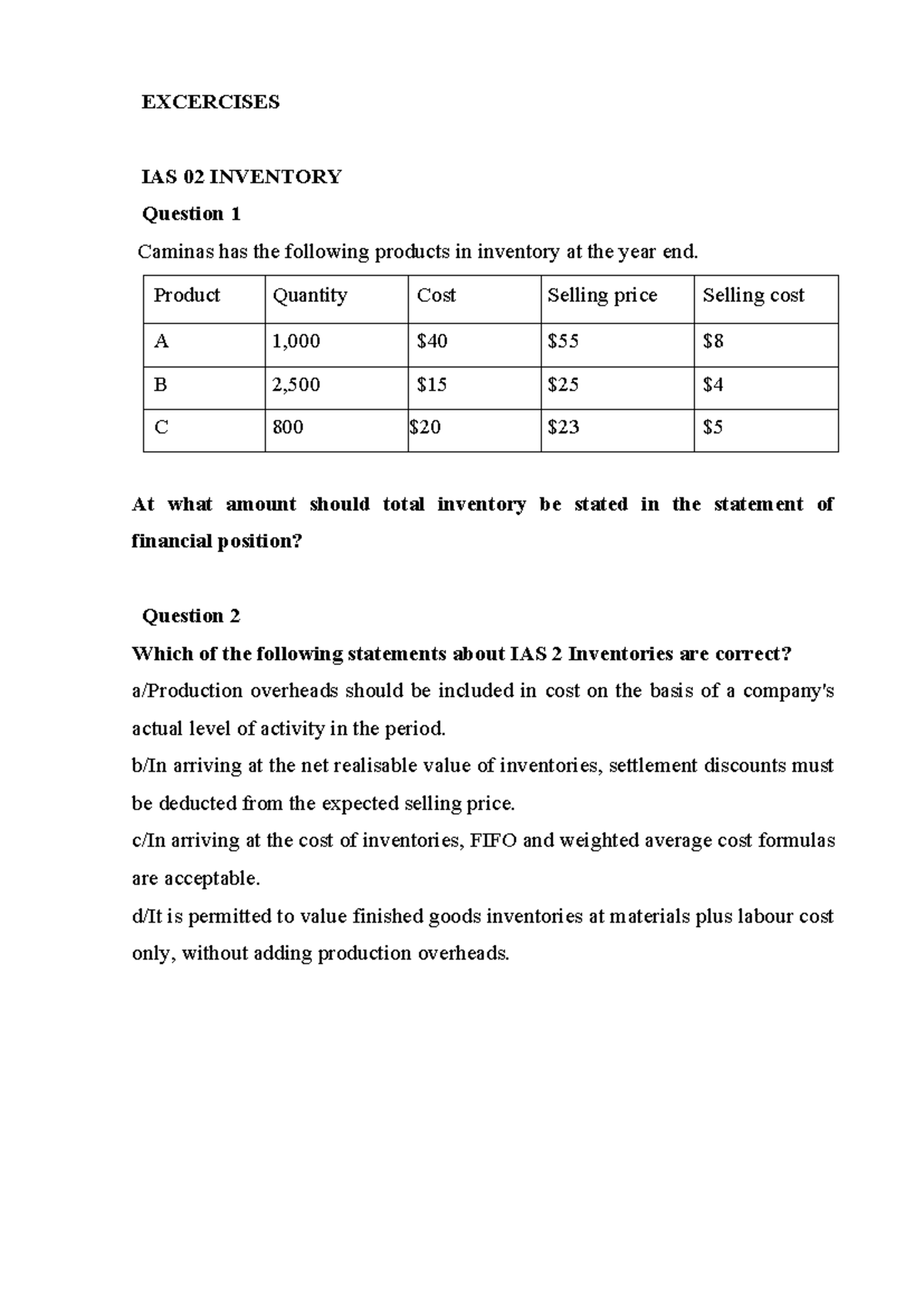 F7 - Exercise on IAS 2, IAS 16, IAS 40, IAS 23 & IAS 36 - Studocu