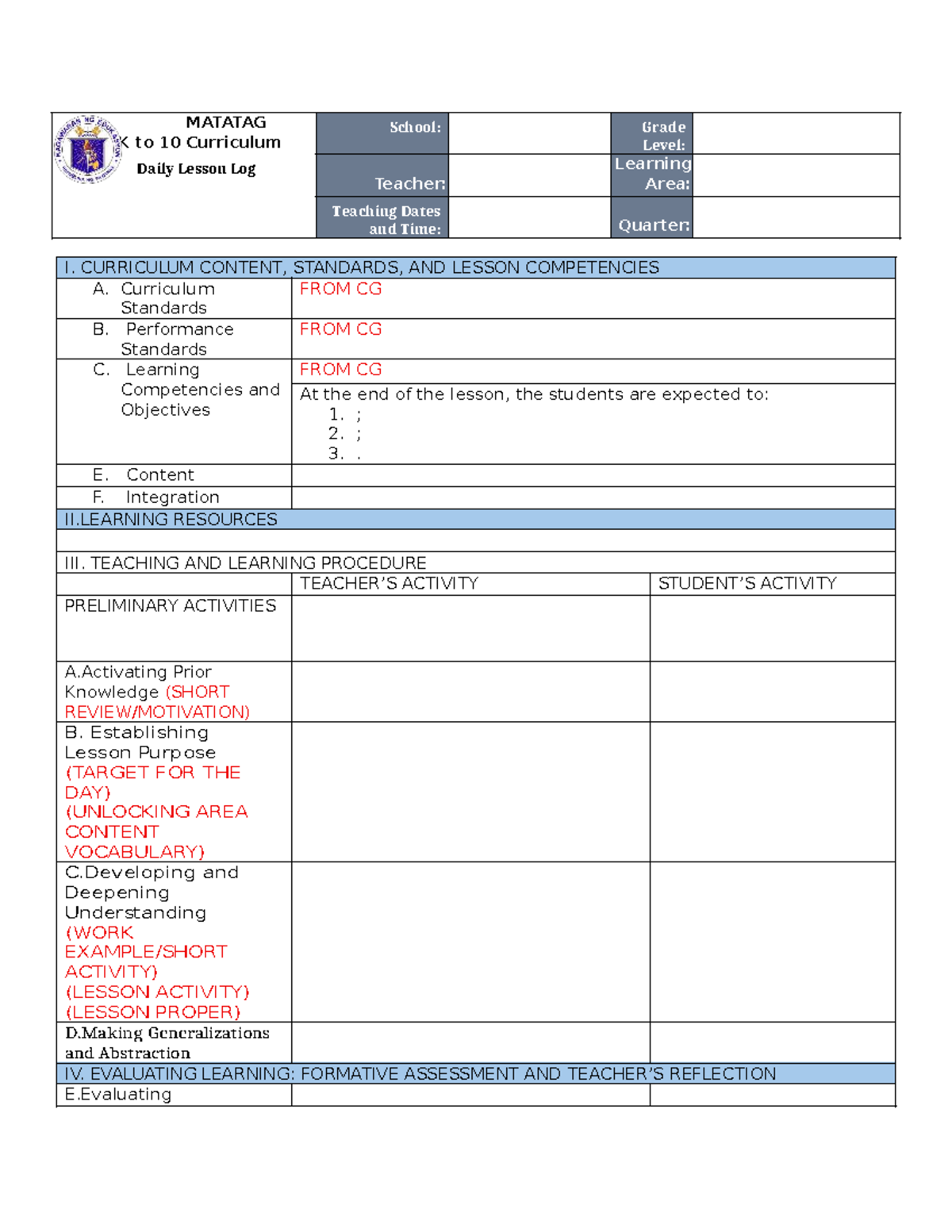 MATATAG K to 10 Curriculum Daily Lesson Log for Interns - Studocu