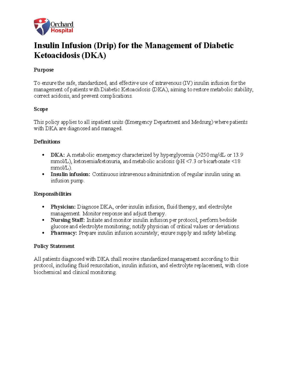 Insulin Infusion Protocol for DKA Management (MedSurg & ED) - Studocu