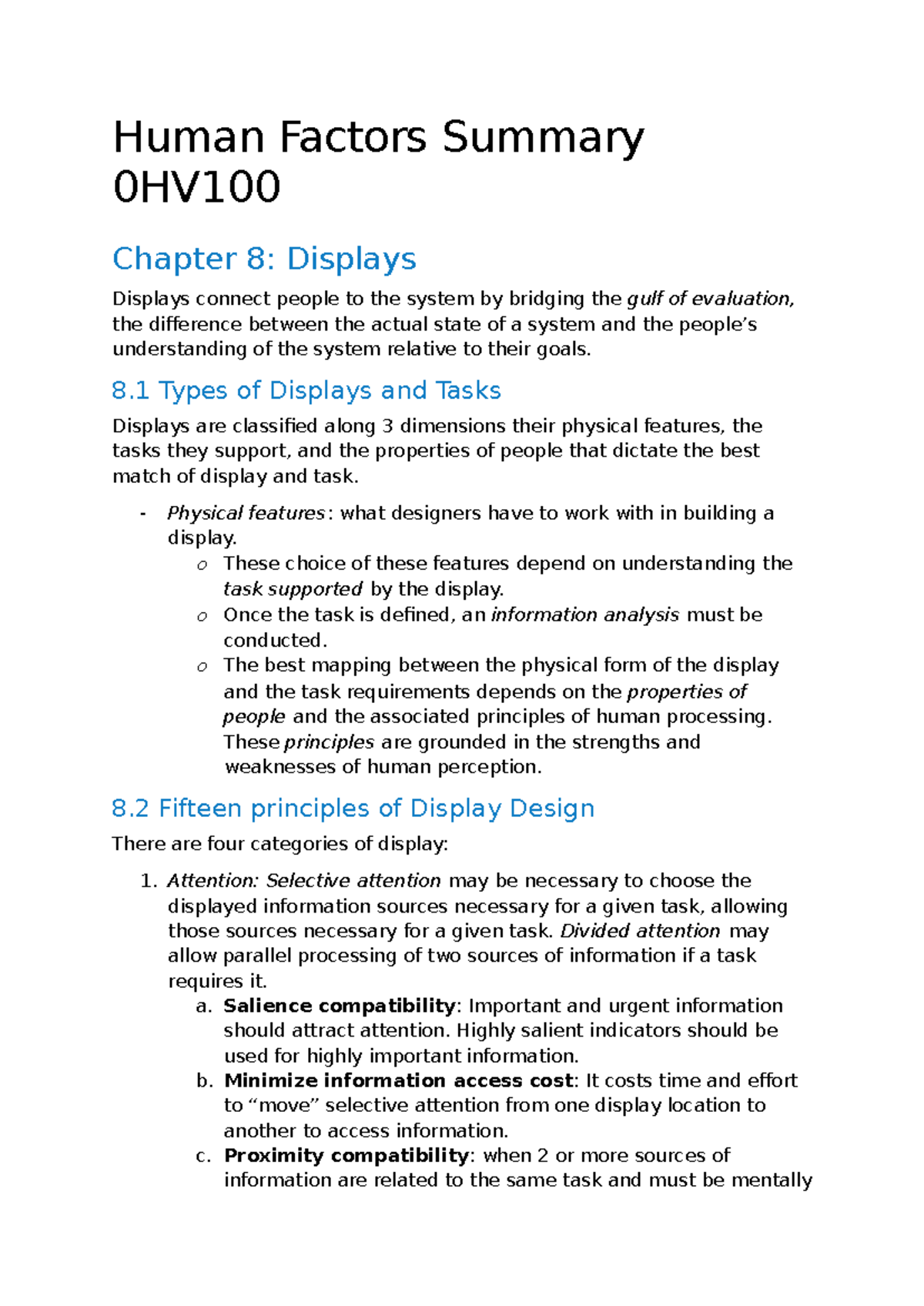 Human Factors Summary 0HV100 Chapter 8: Display Design Principles ...