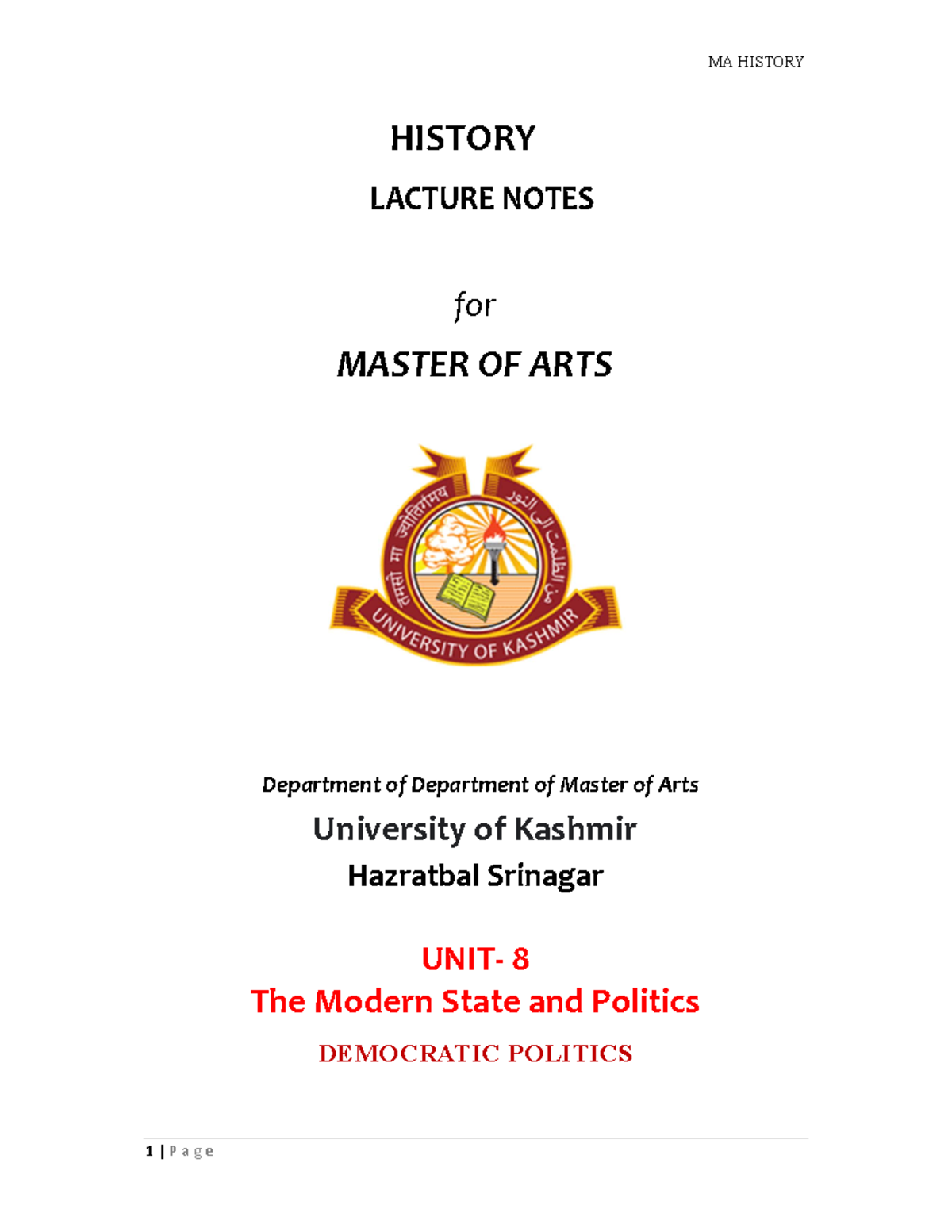 MA History UNIT 8 The Modern State and Politics Democratic Politics ...