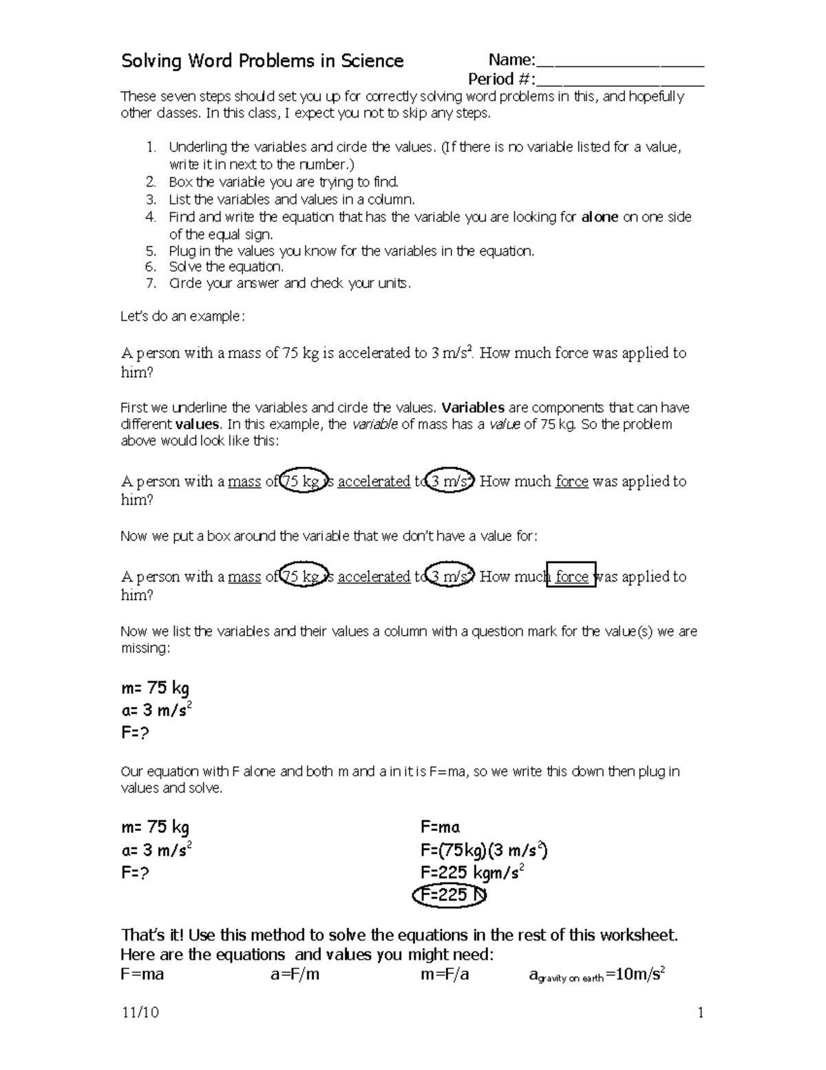 Word Problems-Calculating Force-0 - Solving Word Problems in Science ...